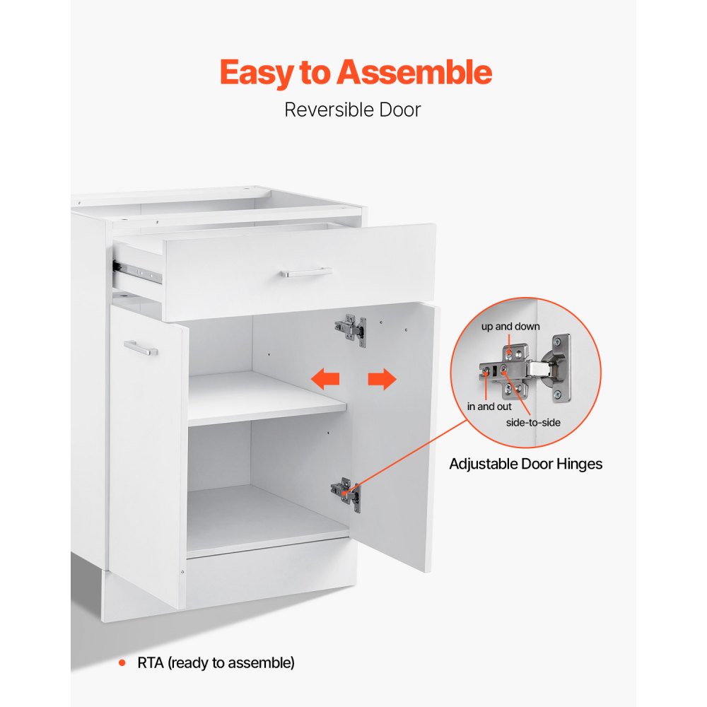 VEVOR white base cabinet (600 x 477 x 816 mm) with drawer, unassembled drawer base cabinet, ready-to-assemble cabinet with soft-close doors and adjustable shelf, for home and office