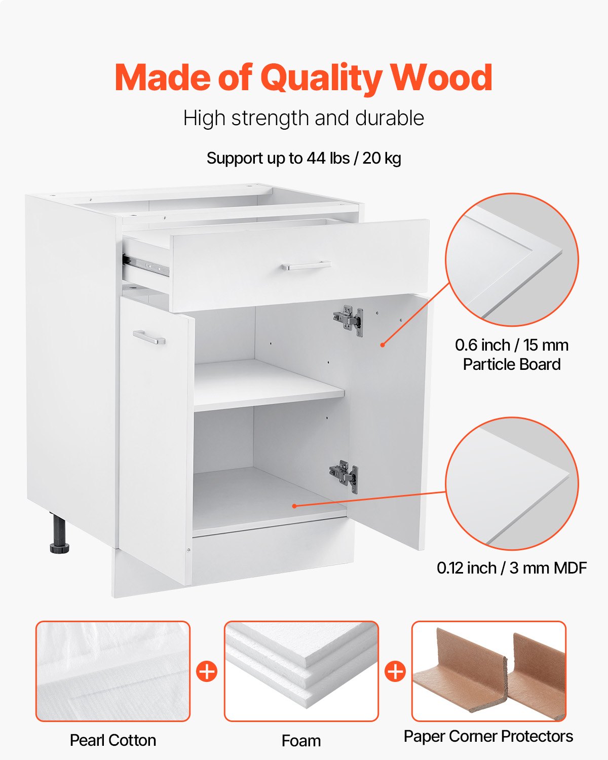 VEVOR white base cabinet (600 x 477 x 816 mm) with drawer, unassembled drawer base cabinet, ready-to-assemble cabinet with soft-close doors and adjustable shelf, for home and office