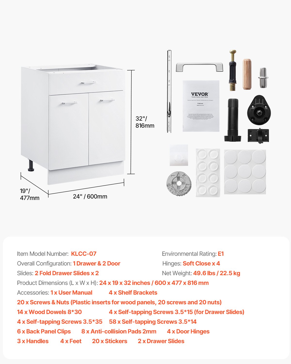 VEVOR white base cabinet (600 x 477 x 816 mm) with drawer, unassembled drawer base cabinet, ready-to-assemble cabinet with soft-close doors and adjustable shelf, for home and office