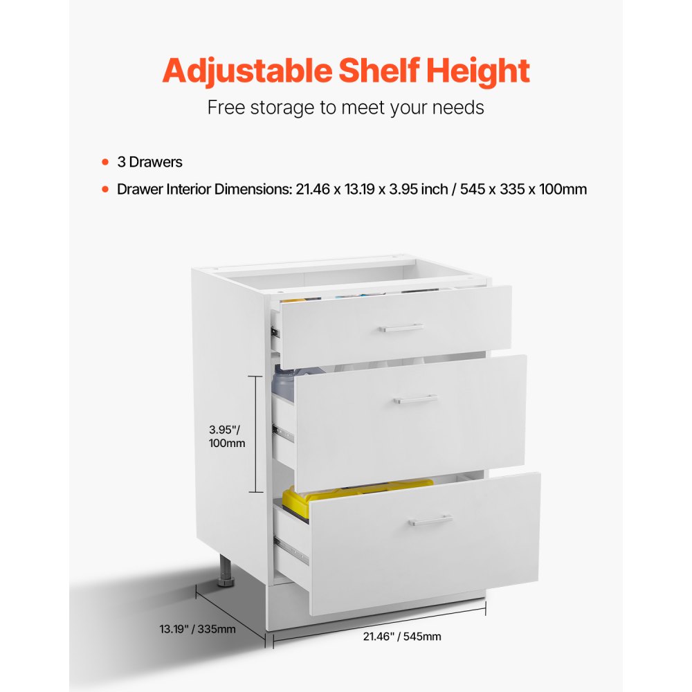 VEVOR Gabinete de Piso con 3 Cajones 600 x 475 x 816 mm Armario de Pie sin Ensamblar Gabinete de Suelo Gabinete Listo para Ensamblar Cajón de Cierre Suave para Oficina, Casa, Baño, Cocina, Blanco