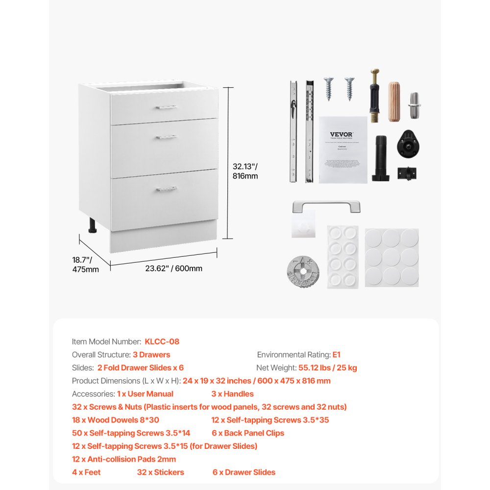 VEVOR Gabinete de Piso con 3 Cajones 600 x 475 x 816 mm Armario de Pie sin Ensamblar Gabinete de Suelo Gabinete Listo para Ensamblar Cajón de Cierre Suave para Oficina, Casa, Baño, Cocina, Blanco