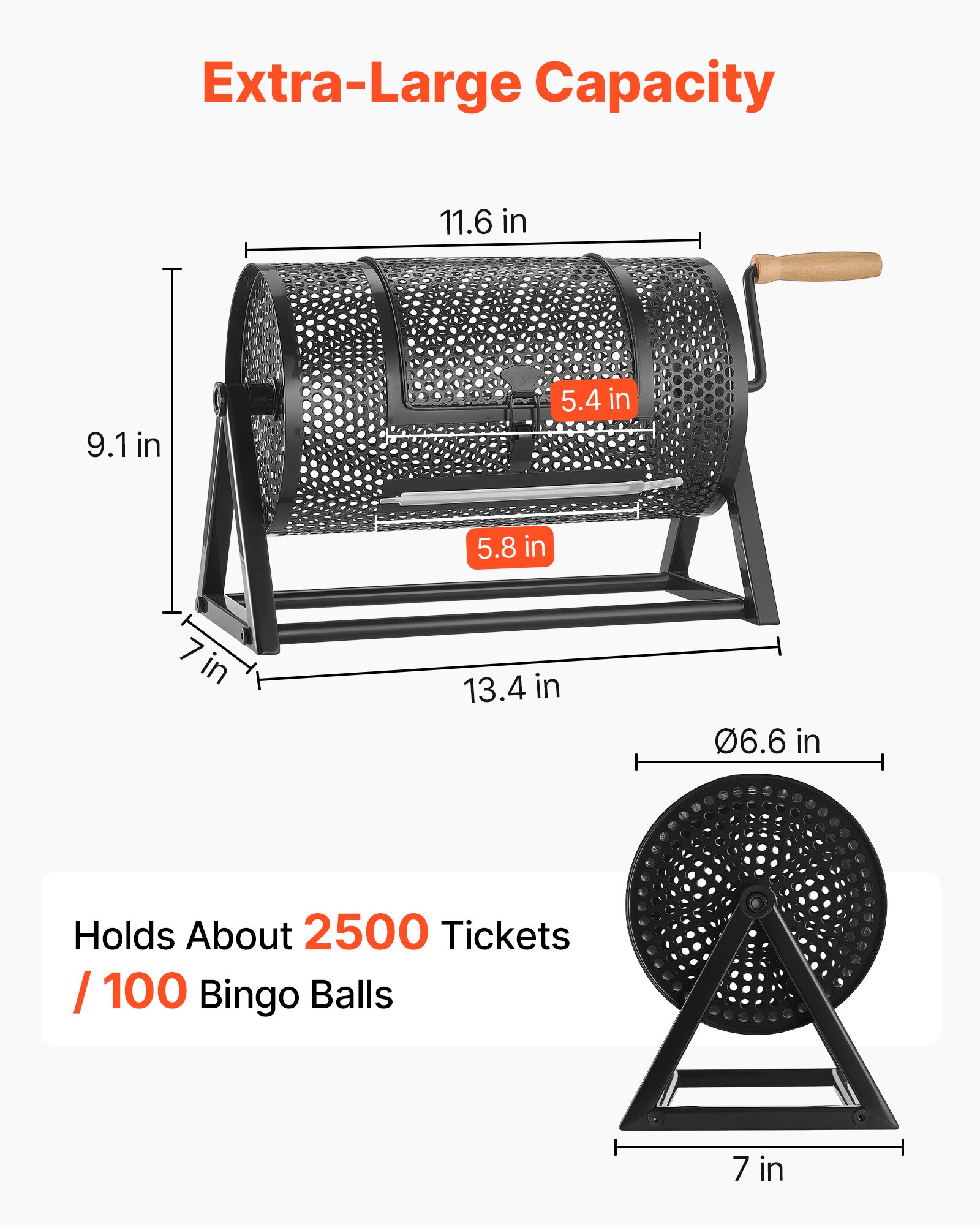VEVOR Tambor de Rifa 295 x 167 mm, Tómbola de Lotería, 2500 Boletos o 100 Bolas, Rueda Giratoria para Sorteo con Asa y Base Estable, Diseño Sencillo, para Juego de Bingo Fiestas Eventos, Color Negro