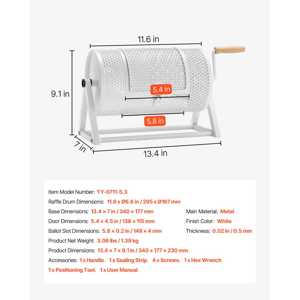 VEVOR Tambor de Rifa 295 x 167 mm, Tómbola de Lotería, Capacidad de 2500 Boletos o 100 Bolas, Canasta Giratoria para Lotería, Estructura Triangular, para Juego de Bingo Fiesta Eventos, Color Blanco