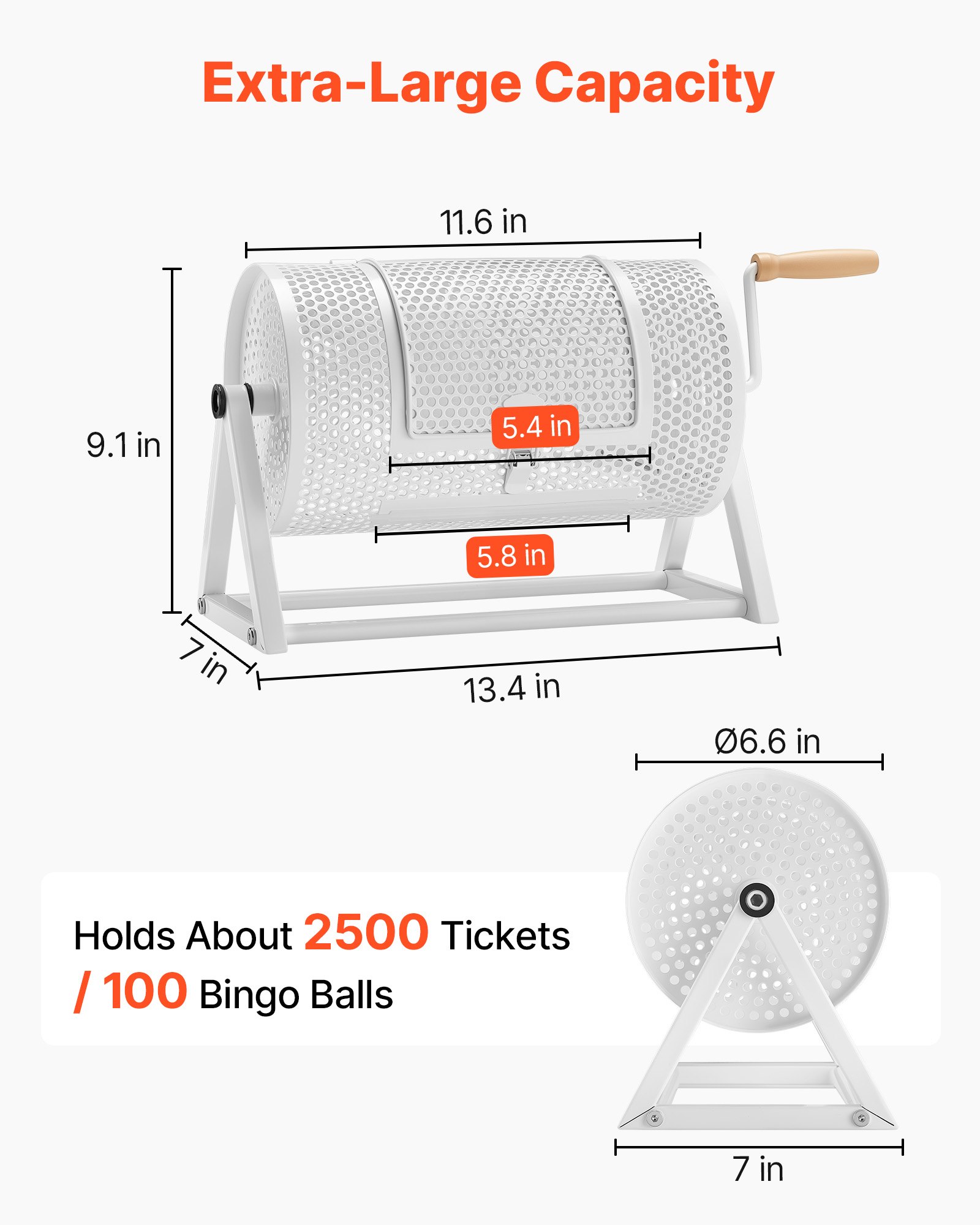 VEVOR Tambor de Rifa 295 x 167 mm, Tómbola de Lotería, Capacidad de 2500 Boletos o 100 Bolas, Canasta Giratoria para Lotería, Estructura Triangular, para Juego de Bingo Fiesta Eventos, Color Blanco