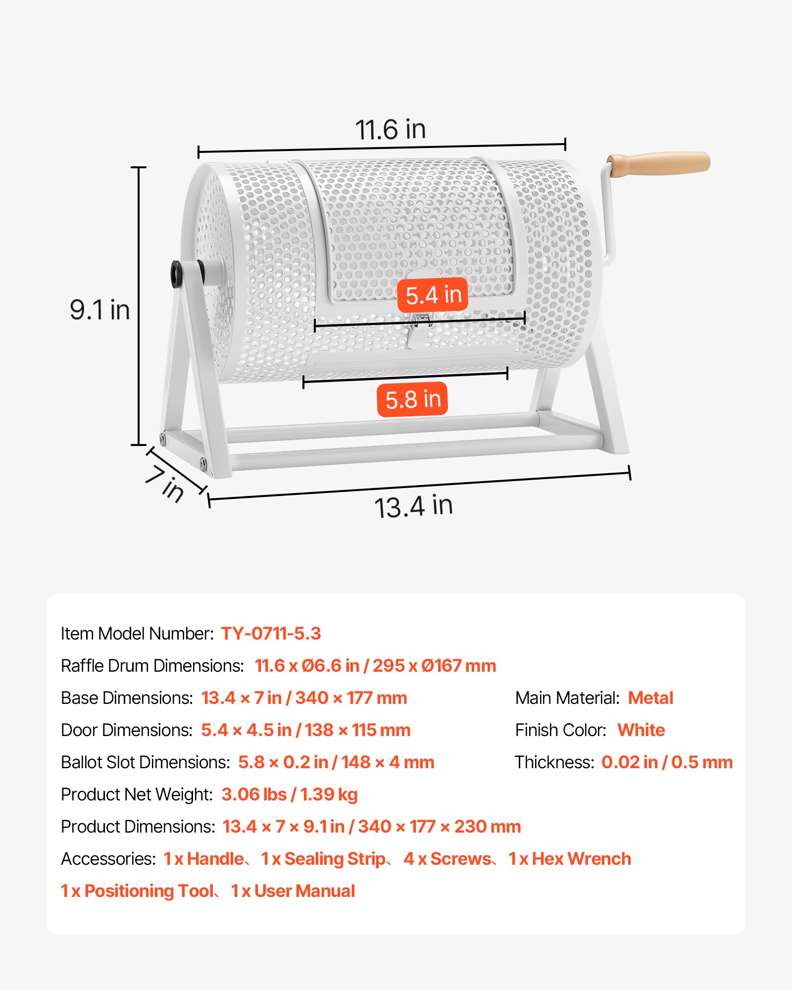 VEVOR Tambor de Rifa 295 x 167 mm, Tómbola de Lotería, Capacidad de 2500 Boletos o 100 Bolas, Canasta Giratoria para Lotería, Estructura Triangular, para Juego de Bingo Fiesta Eventos, Color Blanco