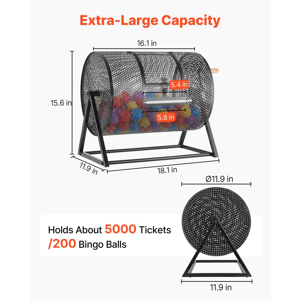 VEVOR Tambor de Rifa, 410 x 302 mm, Tómbola de Lotería, 5000 Boletos o 200 Bolas, Tambor Giratorio de Sorteo, Estructura Triangular, Base Reforzada, para Fiestas Eventos Juego de Bingo, Color Negro