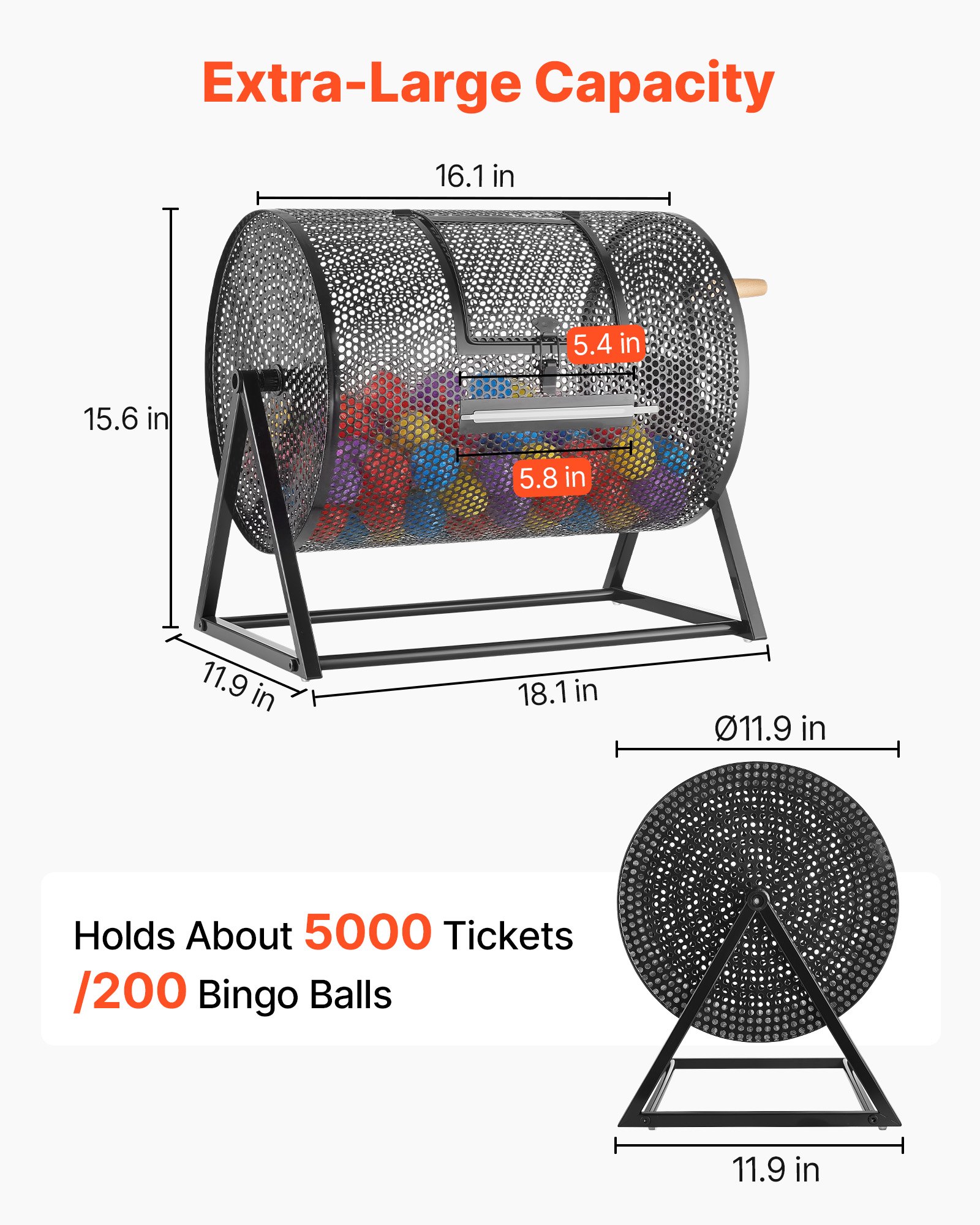 VEVOR Tambor de Rifa, 410 x 302 mm, Tómbola de Lotería, 5000 Boletos o 200 Bolas, Tambor Giratorio de Sorteo, Estructura Triangular, Base Reforzada, para Fiestas Eventos Juego de Bingo, Color Negro