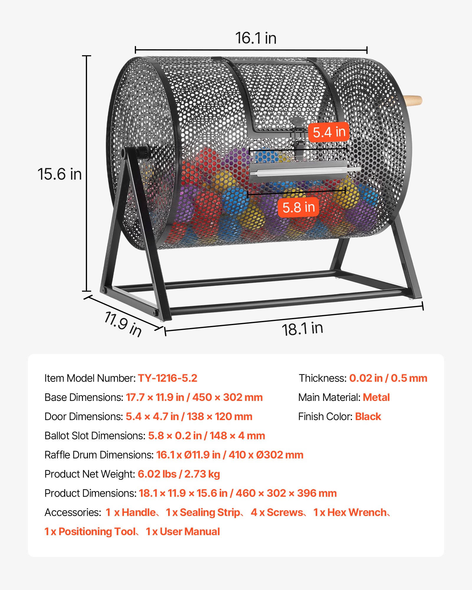 VEVOR Tambor de Rifa, 410 x 302 mm, Tómbola de Lotería, 5000 Boletos o 200 Bolas, Tambor Giratorio de Sorteo, Estructura Triangular, Base Reforzada, para Fiestas Eventos Juego de Bingo, Color Negro
