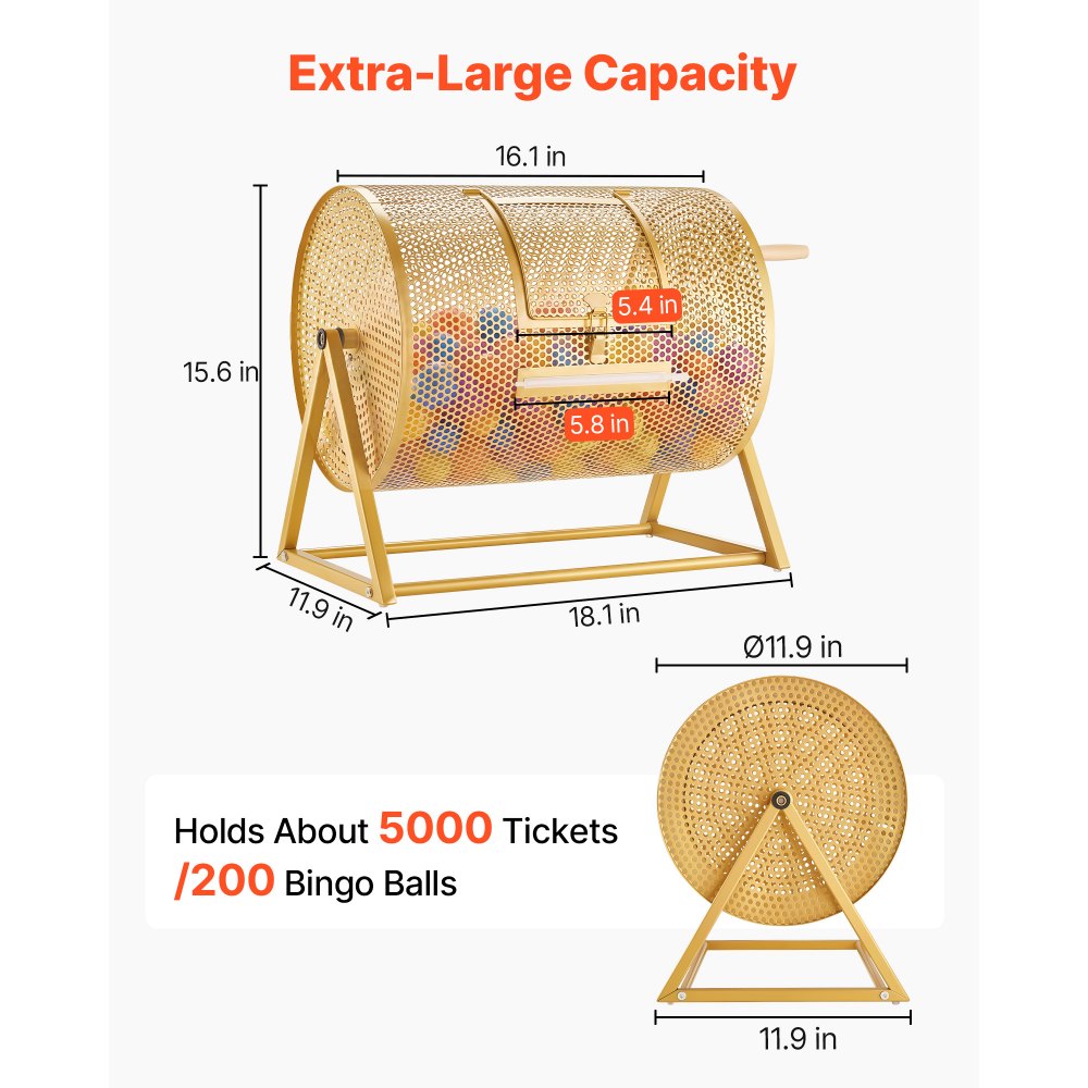 VEVOR Tambor de Rifa, 410 x 302 mm, Tómbola de Lotería, Capacidad de 5000 Boletos o 200 Bolas, Tubo Giratorio de Sorteo con Asa y Base Reforzada, para Fiestas Eventos Juego de Bingo, Color Dorado