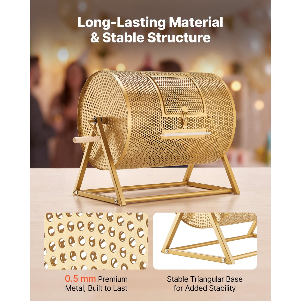 VEVOR Tambor de Rifa, 410 x 302 mm, Tómbola de Lotería, Capacidad de 5000 Boletos o 200 Bolas, Tubo Giratorio de Sorteo con Asa y Base Reforzada, para Fiestas Eventos Juego de Bingo, Color Dorado