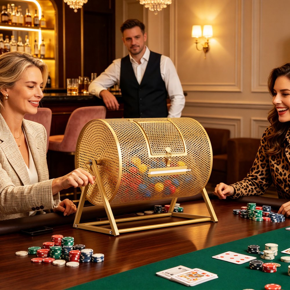 VEVOR Tambor de Rifa, 410 x 302 mm, Tómbola de Lotería, Capacidad de 5000 Boletos o 200 Bolas, Tubo Giratorio de Sorteo con Asa y Base Reforzada, para Fiestas Eventos Juego de Bingo, Color Dorado