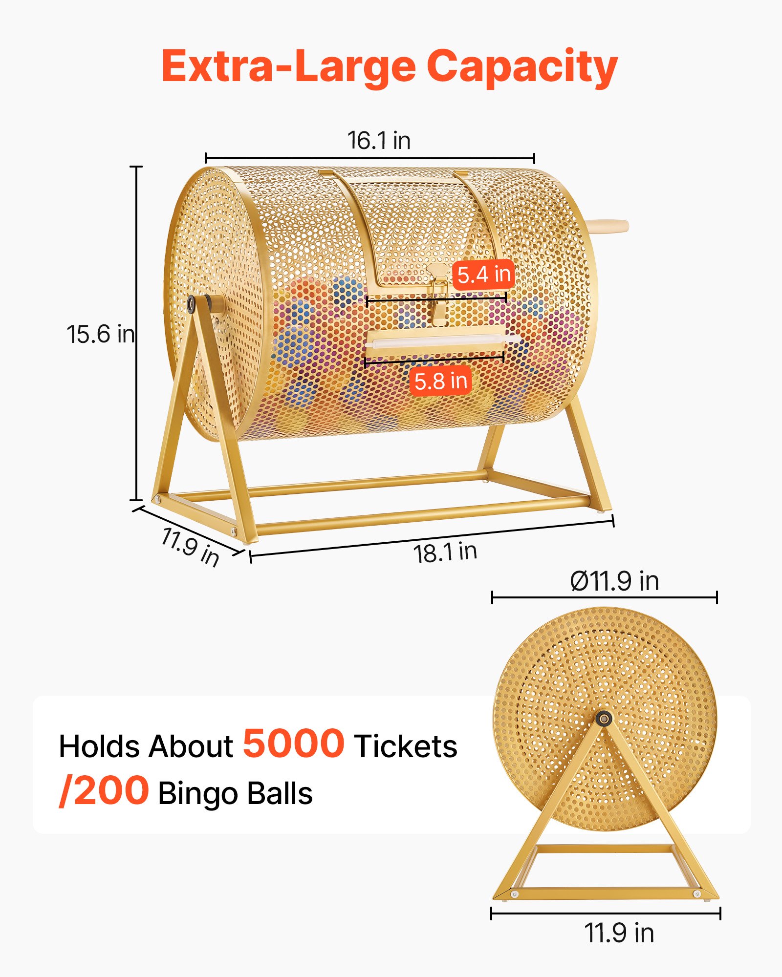 VEVOR Tambor de Rifa, 410 x 302 mm, Tómbola de Lotería, Capacidad de 5000 Boletos o 200 Bolas, Tubo Giratorio de Sorteo con Asa y Base Reforzada, para Fiestas Eventos Juego de Bingo, Color Dorado