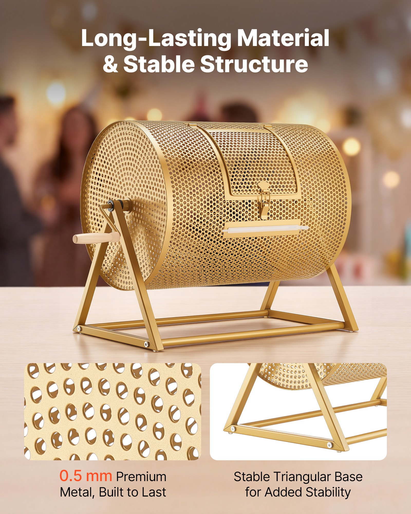 VEVOR Tambor de Rifa, 410 x 302 mm, Tómbola de Lotería, Capacidad de 5000 Boletos o 200 Bolas, Tubo Giratorio de Sorteo con Asa y Base Reforzada, para Fiestas Eventos Juego de Bingo, Color Dorado