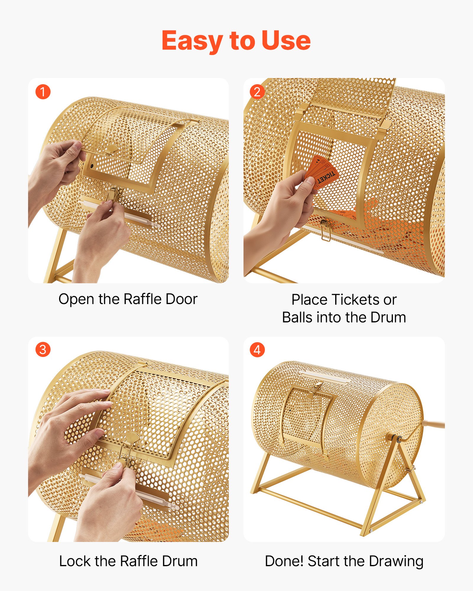 VEVOR Tambor de Rifa, 410 x 302 mm, Tómbola de Lotería, Capacidad de 5000 Boletos o 200 Bolas, Tubo Giratorio de Sorteo con Asa y Base Reforzada, para Fiestas Eventos Juego de Bingo, Color Dorado