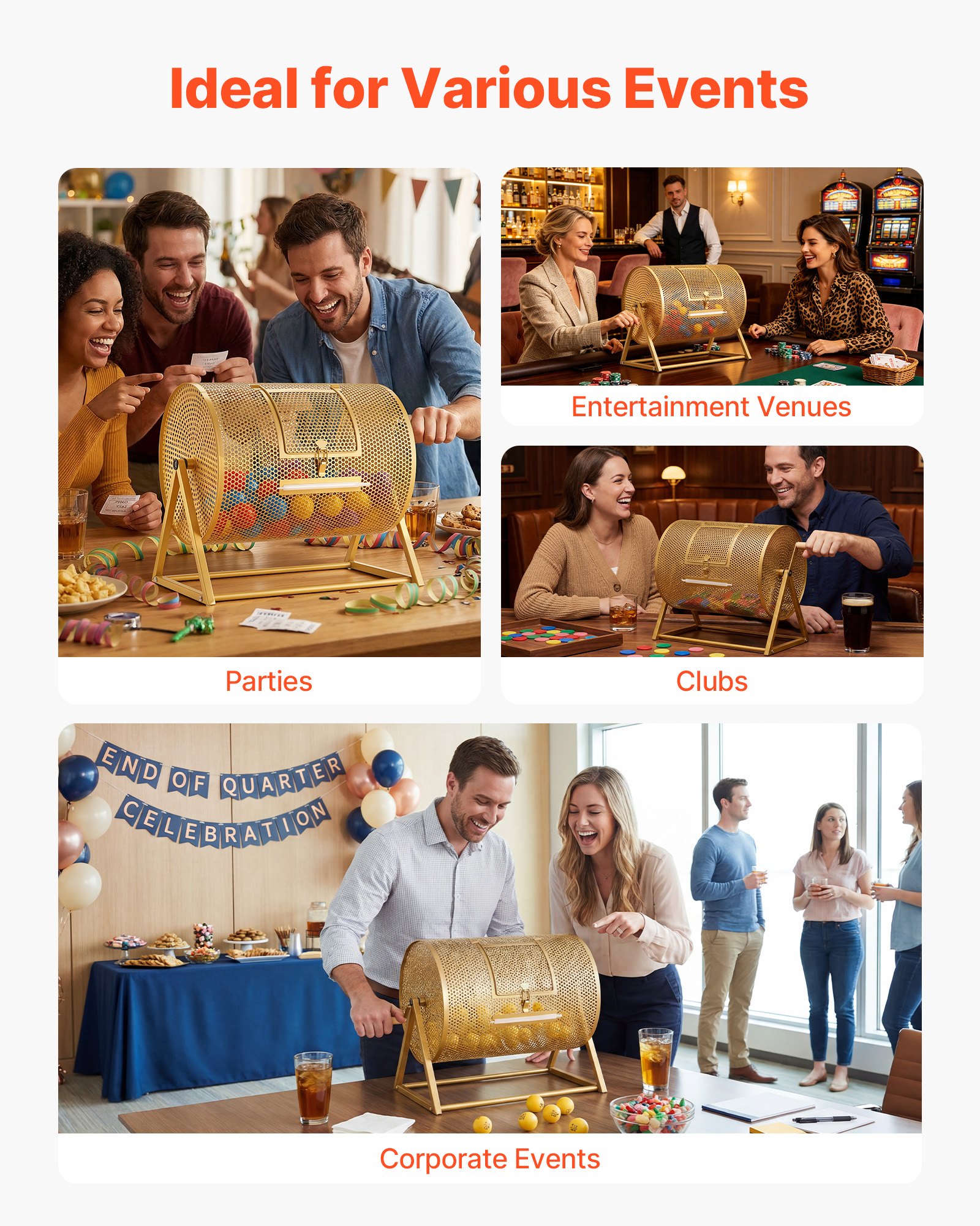 VEVOR Tambor de Rifa, 410 x 302 mm, Tómbola de Lotería, Capacidad de 5000 Boletos o 200 Bolas, Tubo Giratorio de Sorteo con Asa y Base Reforzada, para Fiestas Eventos Juego de Bingo, Color Dorado