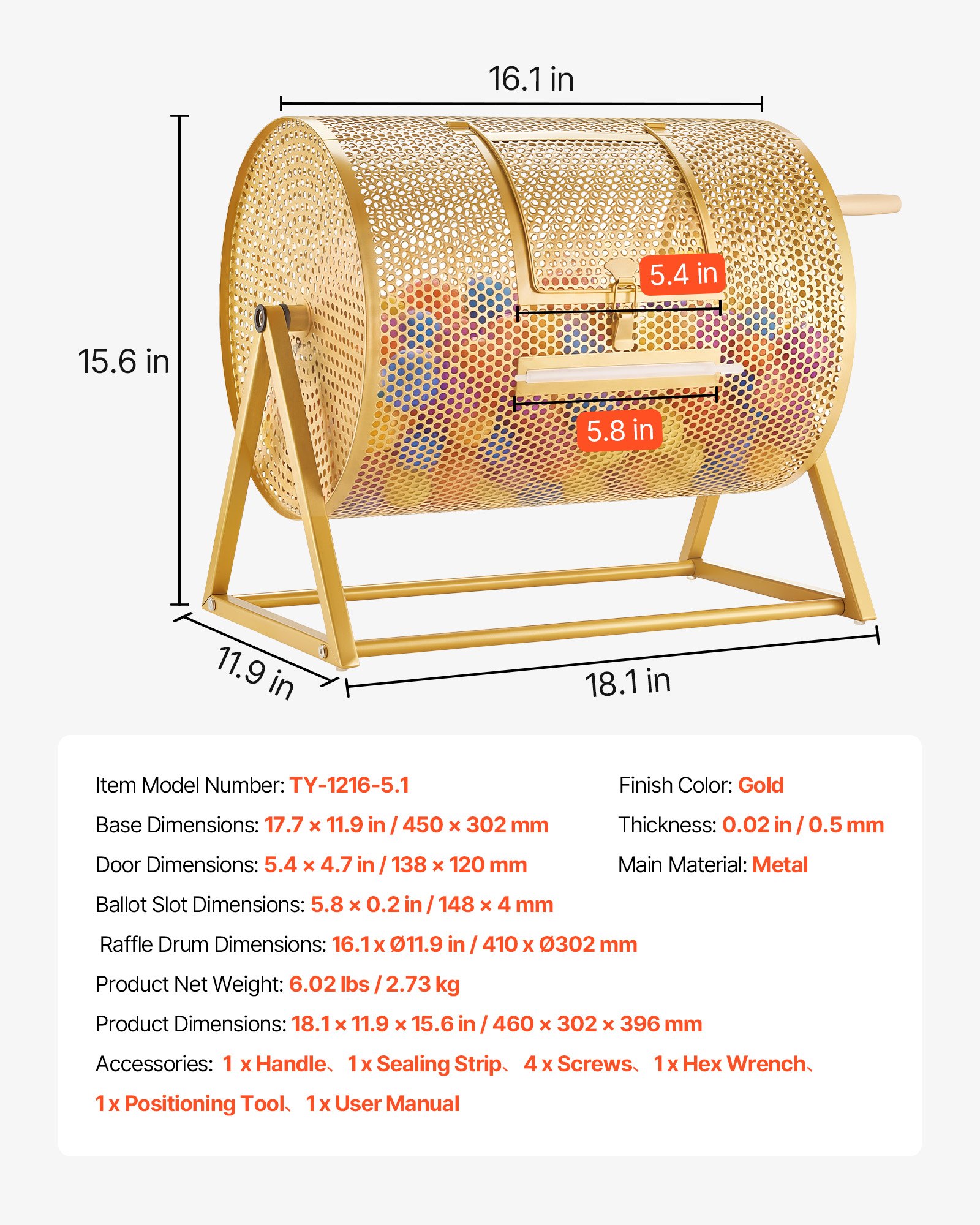 VEVOR Tambor de Rifa, 410 x 302 mm, Tómbola de Lotería, Capacidad de 5000 Boletos o 200 Bolas, Tubo Giratorio de Sorteo con Asa y Base Reforzada, para Fiestas Eventos Juego de Bingo, Color Dorado