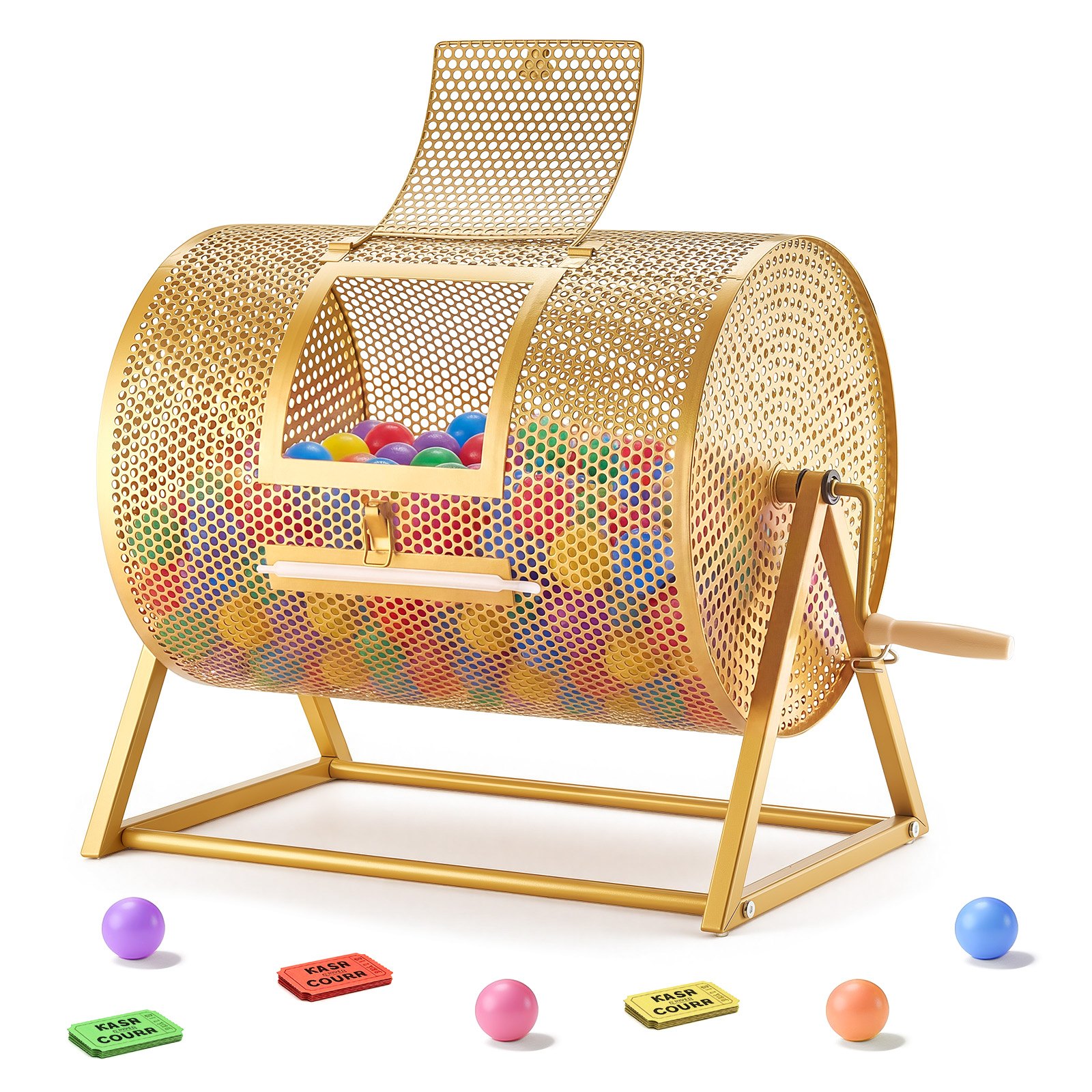 VEVOR Tambor de Rifa, 410 x 302 mm, Tómbola de Lotería, Capacidad de 5000 Boletos o 200 Bolas, Tubo Giratorio de Sorteo con Asa y Base Reforzada, para Fiestas Eventos Juego de Bingo, Color Dorado