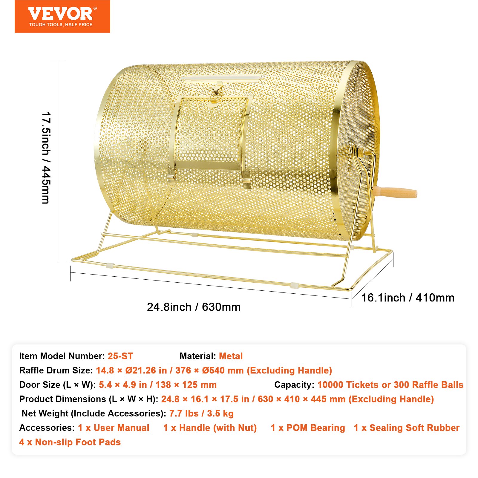 VEVOR Lucky Child Lottery Drum, 10,000 Lottery Tickets or 300 Tombola Balls Capacity, Professional Metal Lottery Rotating Cage, Lottery Turntable, Lottery Box for Lottery Games, Golden