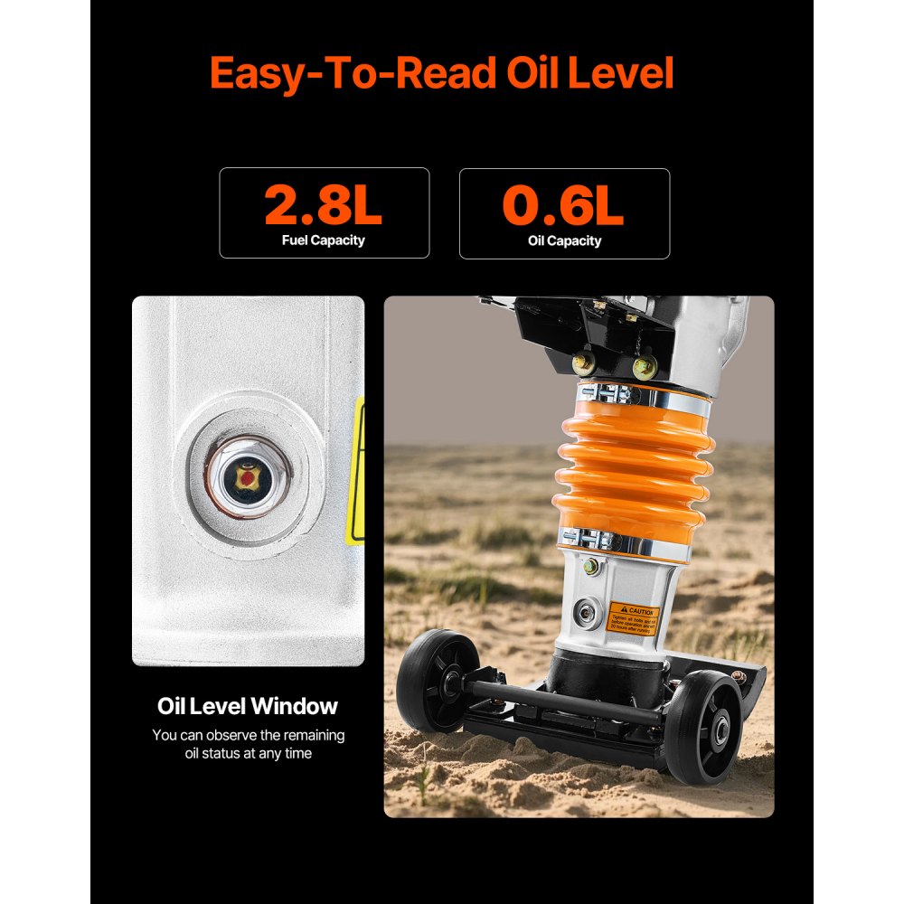 VEVOR Vibratory Rammer, 6.5 HP Rammer, Fuel-Powered 196cc Trench Rammer, 3600 lbs Impact Force, 26 Inches Max. Compaction Depth, for Soil, Gravel, Foundations, Concrete Slabs & Foundations