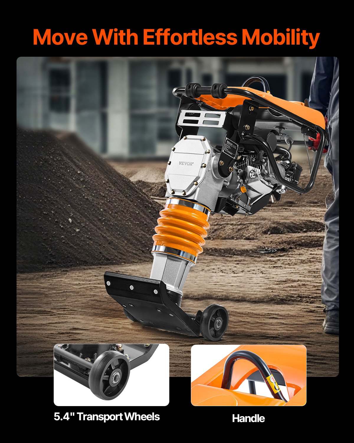 VEVOR Vibratory Rammer, 6.5 HP Rammer, Fuel-Powered 196cc Trench Rammer, 3600 lbs Impact Force, 26 Inches Max. Compaction Depth, for Soil, Gravel, Foundations, Concrete Slabs & Foundations