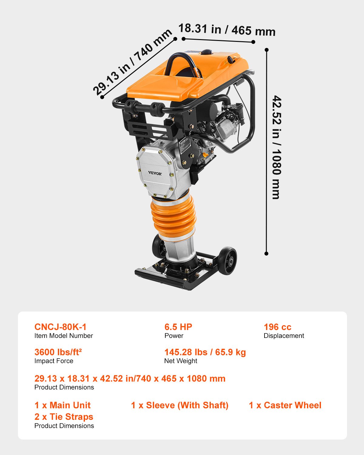 VEVOR Vibratory Rammer, 6.5 HP Rammer, Fuel-Powered 196cc Trench Rammer, 3600 lbs Impact Force, 26 Inches Max. Compaction Depth, for Soil, Gravel, Foundations, Concrete Slabs & Foundations