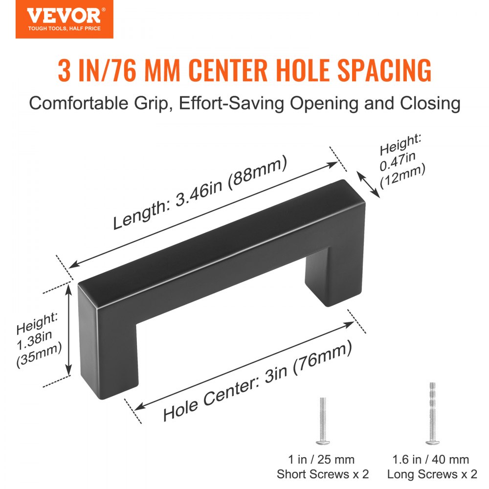 VEVOR Tiradores para Muebles de Cocina, 30 Piezas, Tiradores para Puertas de Gabinetes de Acero Inoxidable, Espacio entre Orificios Centrales 76 mm, Tiradores Cuadrados para Cocina, Baño, Negro Mate
