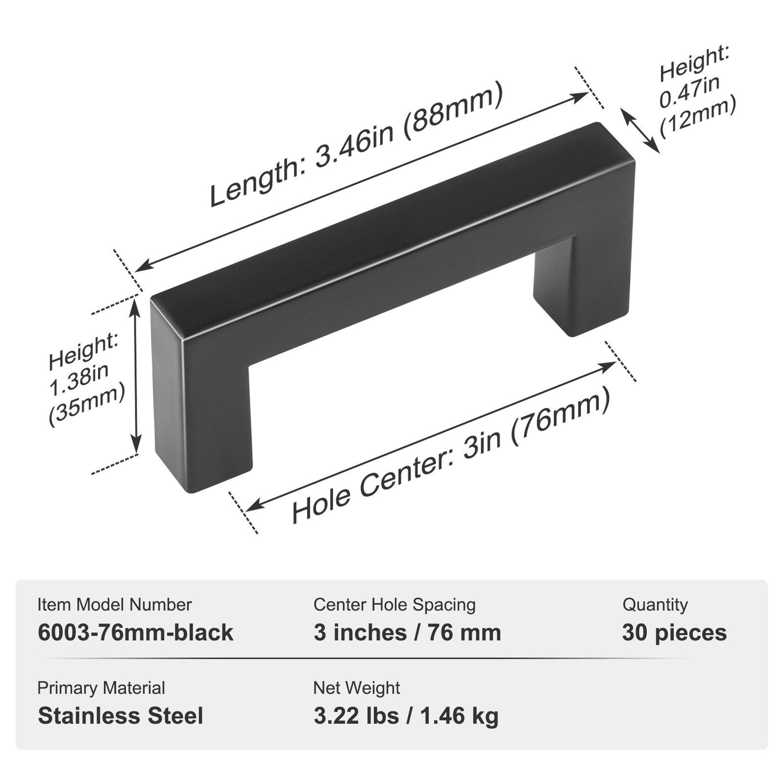 VEVOR Tiradores para Muebles de Cocina, 30 Piezas, Tiradores para Puertas de Gabinetes de Acero Inoxidable, Espacio entre Orificios Centrales 76 mm, Tiradores Cuadrados para Cocina, Baño, Negro Mate