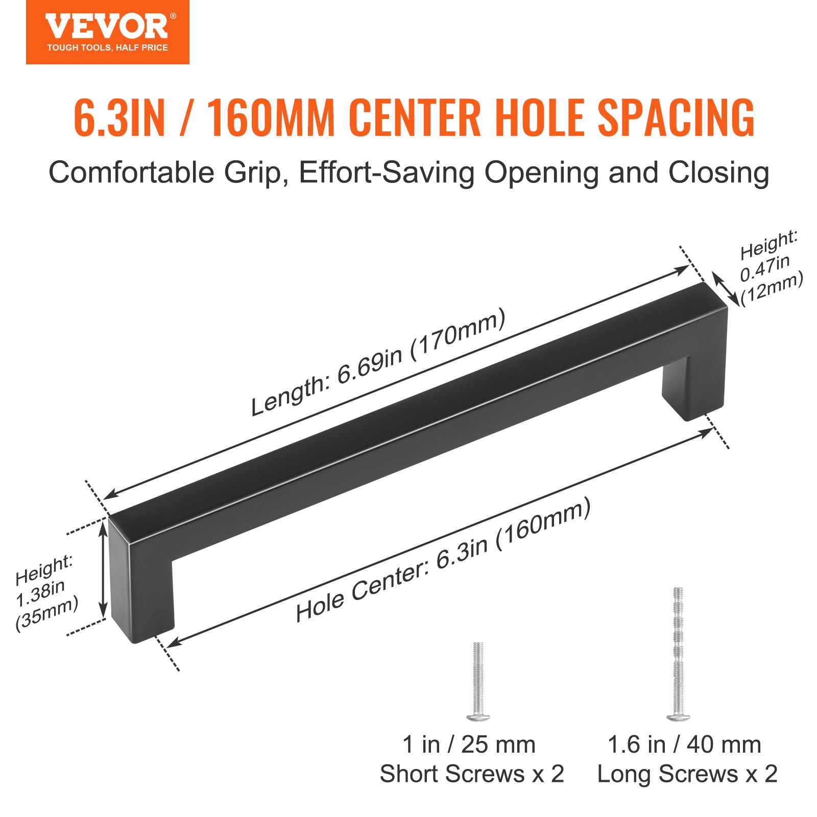 VEVOR Tiradores para Muebles de Cocina, 30 Piezas, Tiradores para Puertas de Gabinetes de Acero Inoxidable, Espacio entre Orificios Centrales 160 mm, Tiradores Cuadrados para Cocina, Baño, Negro Mate