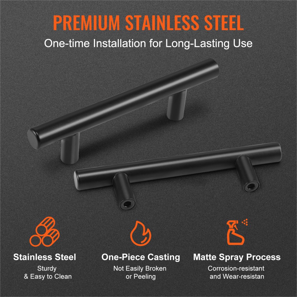 VEVOR Tiradores para Muebles de Cocina, 30 Piezas, Tiradores para Puertas de Gabinetes de Acero Inoxidable, Espacio entre Orificios Centrales 76 mm, Tiradores para Cajones, Cocina, Baño, Negro Mate