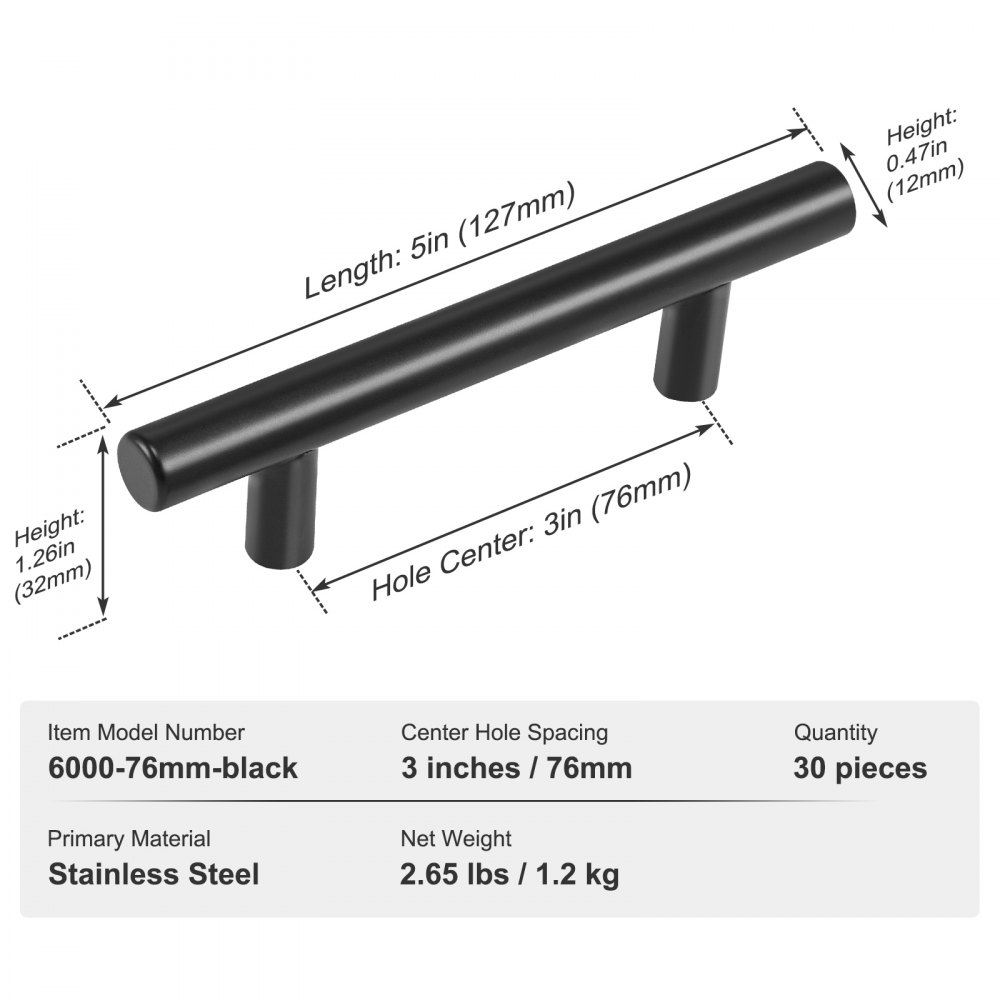 VEVOR Tiradores para Muebles de Cocina, 30 Piezas, Tiradores para Puertas de Gabinetes de Acero Inoxidable, Espacio entre Orificios Centrales 76 mm, Tiradores para Cajones, Cocina, Baño, Negro Mate