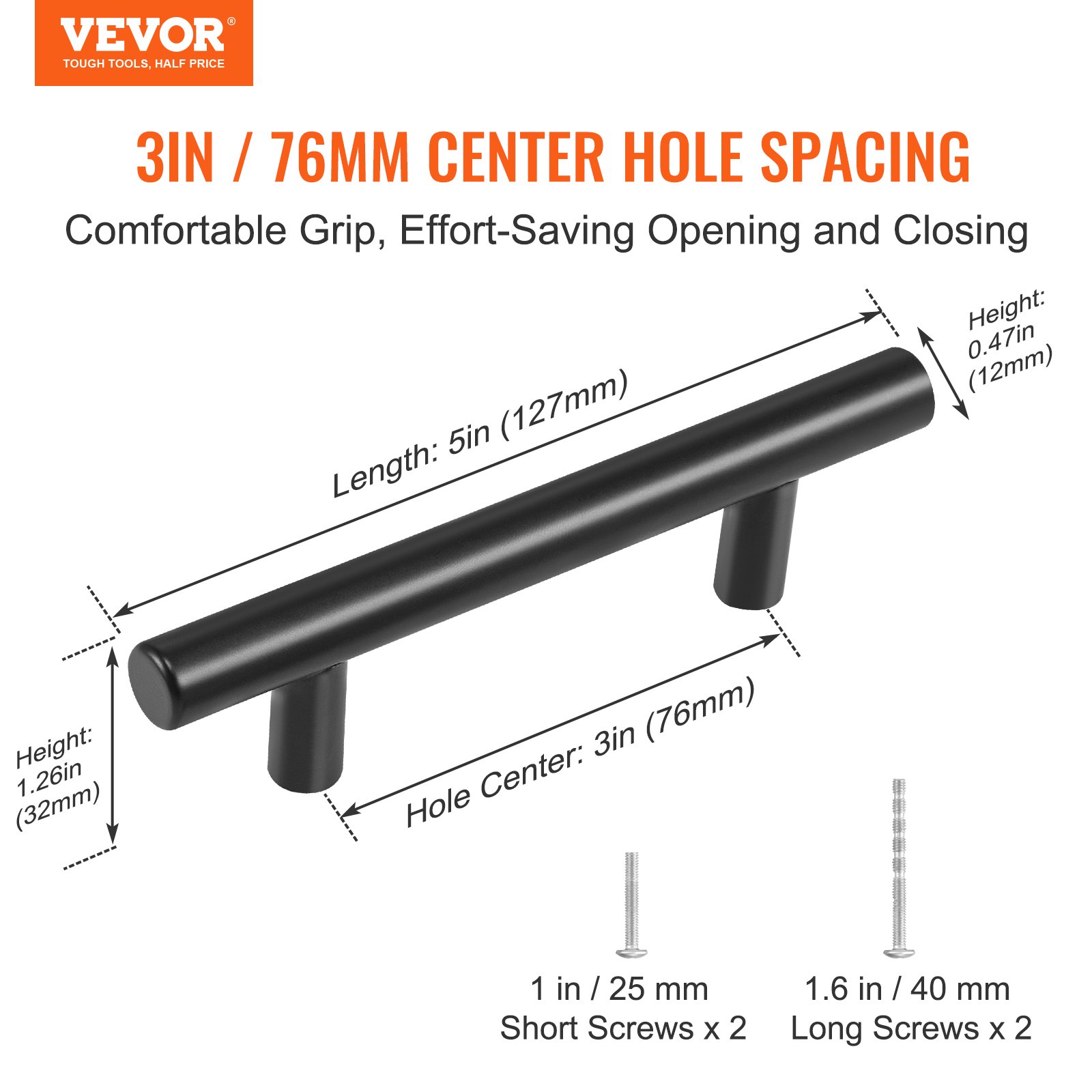 VEVOR Tiradores para Muebles de Cocina, 30 Piezas, Tiradores para Puertas de Gabinetes de Acero Inoxidable, Espacio entre Orificios Centrales 76 mm, Tiradores para Cajones, Cocina, Baño, Negro Mate