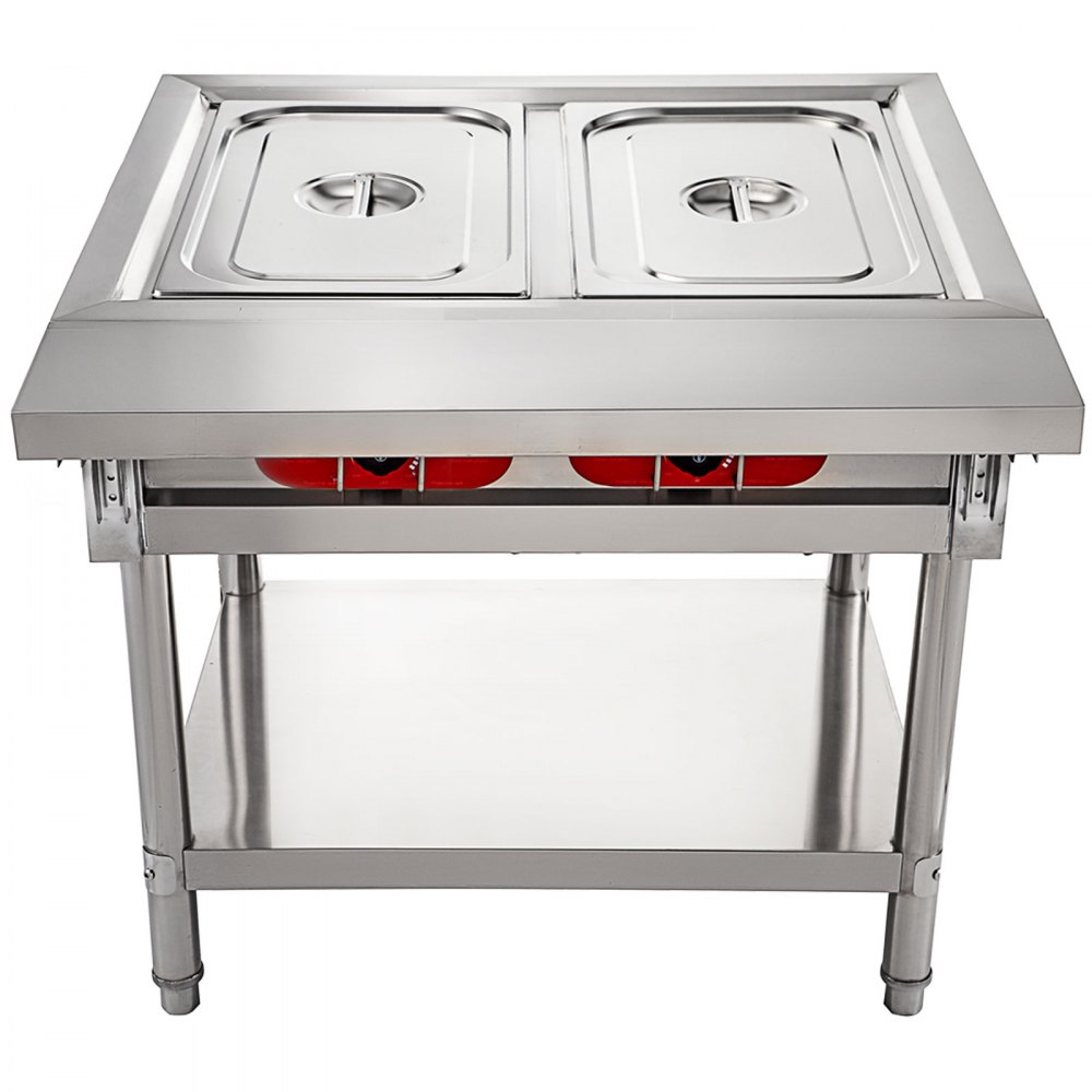 VEVOR Calentador Comida Buffet de Acero Inoxidable 1500 W, Bandeja Alimentos Calientes con Eléctrica con 2 Pozos de 51x31x15 cm, Mesa de Buffet Comercial Control de Temperatura de 30-100 Centígrados