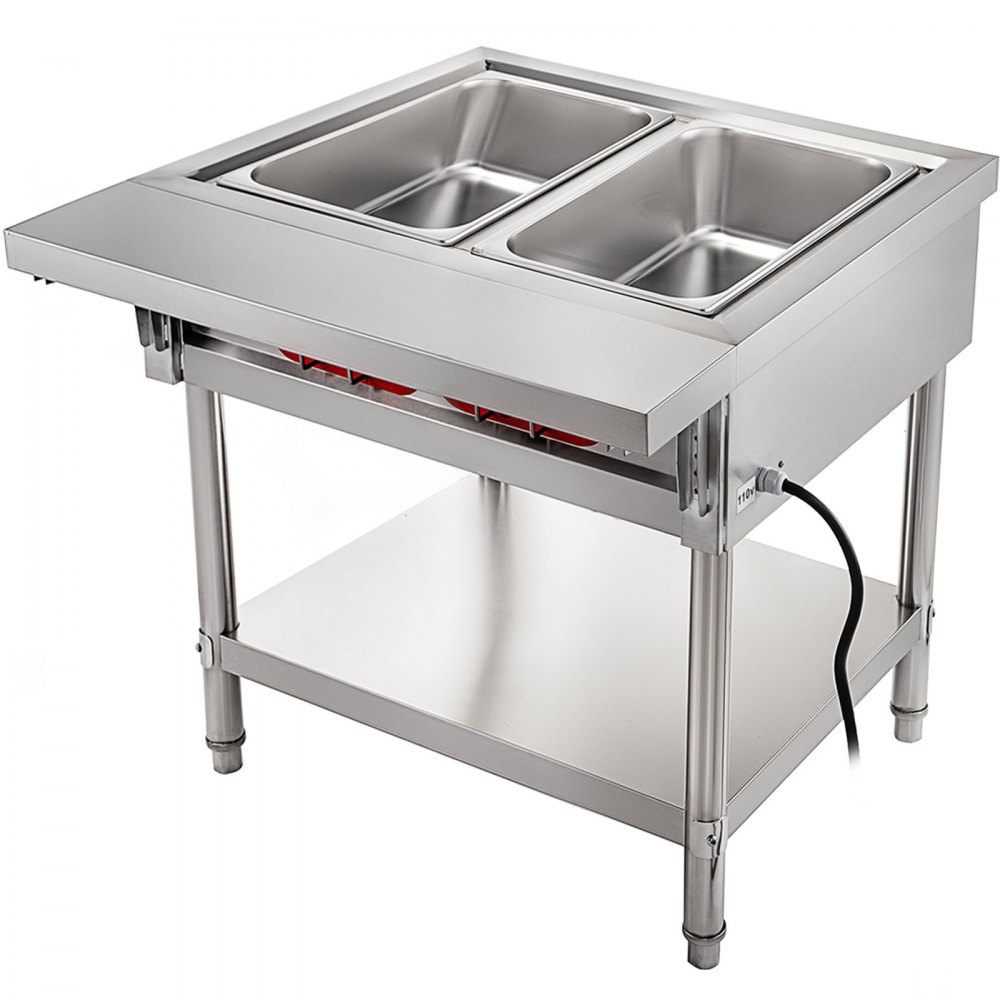 VEVOR Calentador Comida Buffet de Acero Inoxidable 1500 W, Bandeja Alimentos Calientes con Eléctrica con 2 Pozos de 51x31x15 cm, Mesa de Buffet Comercial Control de Temperatura de 30-100 Centígrados