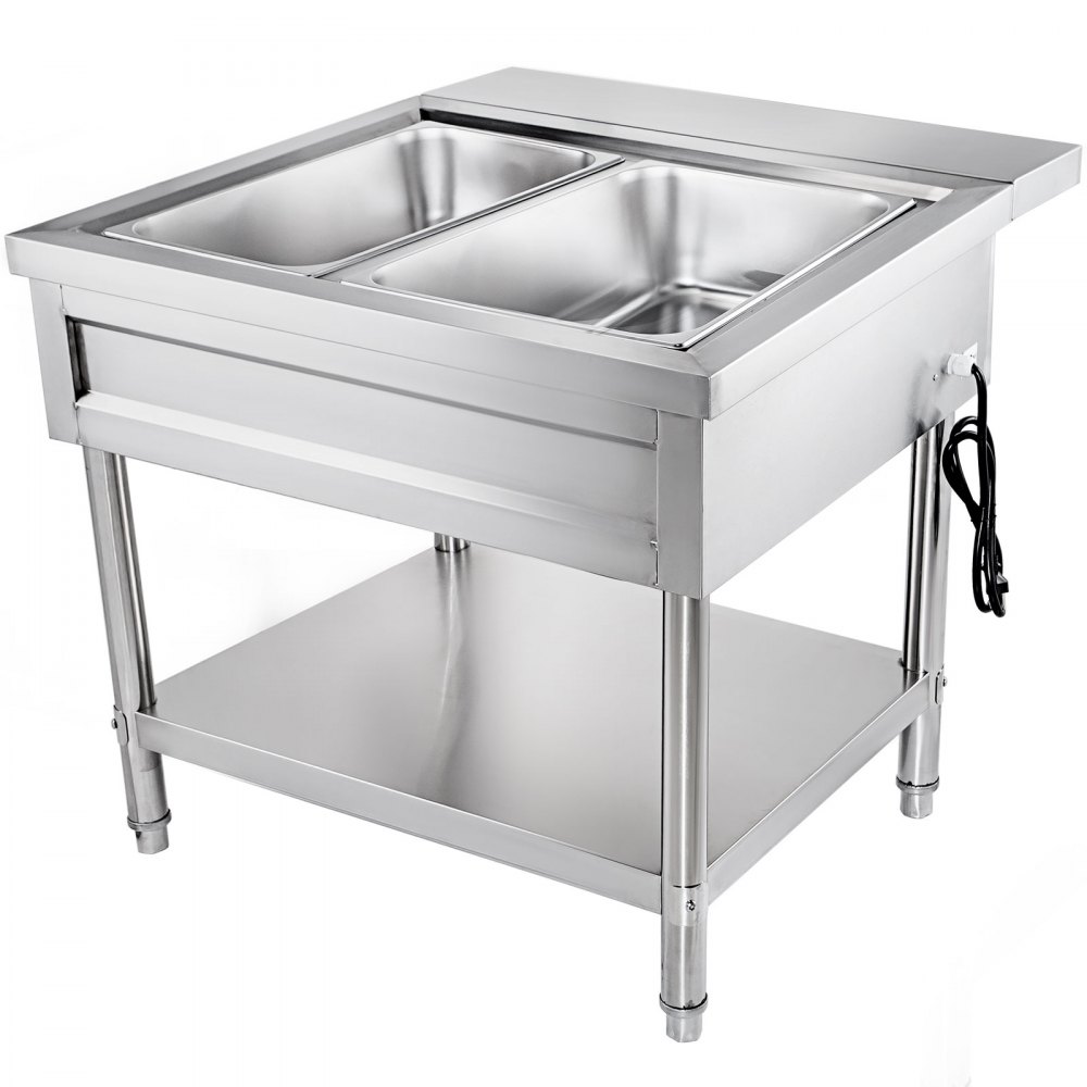 VEVOR Calentador Comida Buffet de Acero Inoxidable 1500 W, Bandeja Alimentos Calientes con Eléctrica con 2 Pozos de 51x31x15 cm, Mesa de Buffet Comercial Control de Temperatura de 30-100 Centígrados