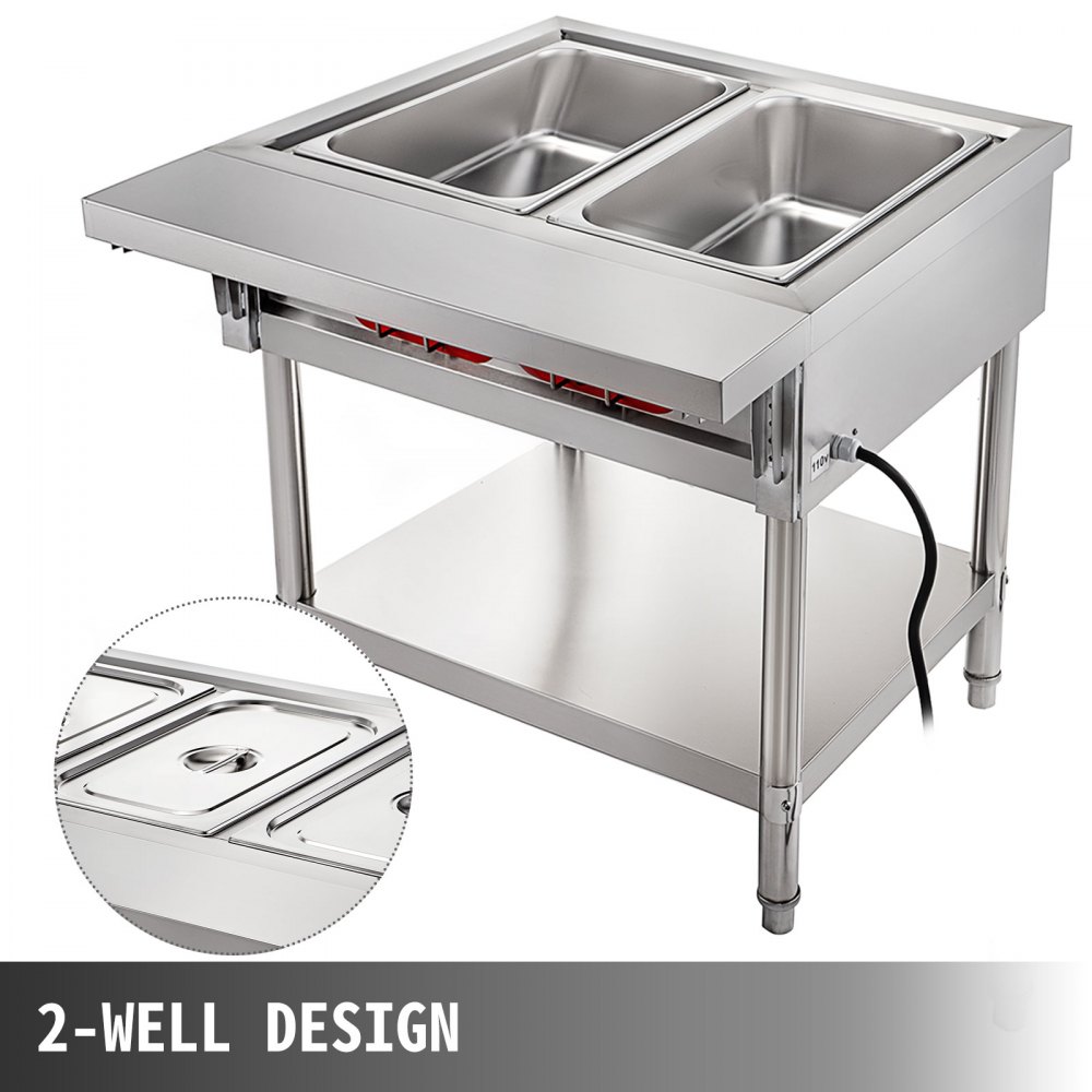 VEVOR Calentador Comida Buffet de Acero Inoxidable 1500 W, Bandeja Alimentos Calientes con Eléctrica con 2 Pozos de 51x31x15 cm, Mesa de Buffet Comercial Control de Temperatura de 30-100 Centígrados