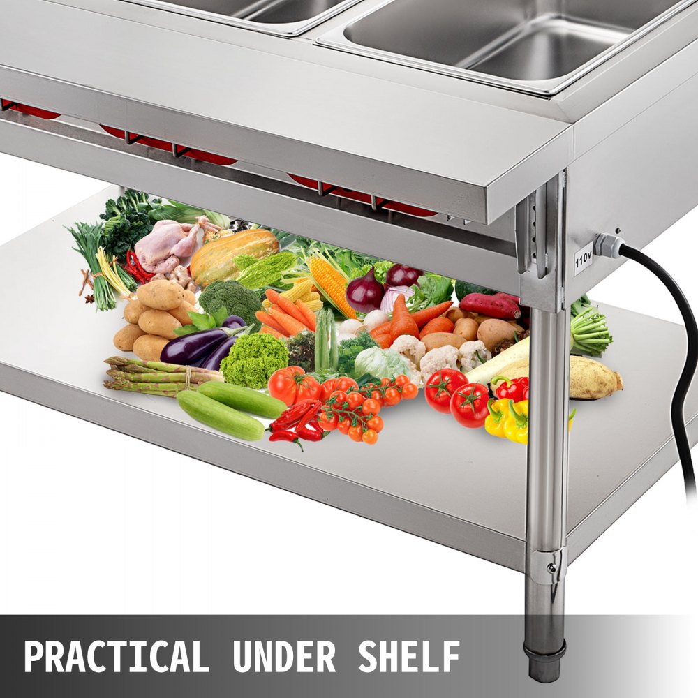 VEVOR Calentador Comida Buffet de Acero Inoxidable 1500 W, Bandeja Alimentos Calientes con Eléctrica con 2 Pozos de 51x31x15 cm, Mesa de Buffet Comercial Control de Temperatura de 30-100 Centígrados
