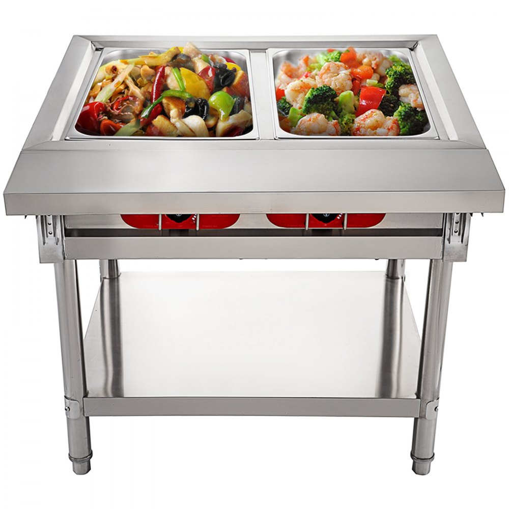 VEVOR Calentador Comida Buffet de Acero Inoxidable 1500 W, Bandeja Alimentos Calientes con Eléctrica con 2 Pozos de 51x31x15 cm, Mesa de Buffet Comercial Control de Temperatura de 30-100 Centígrados