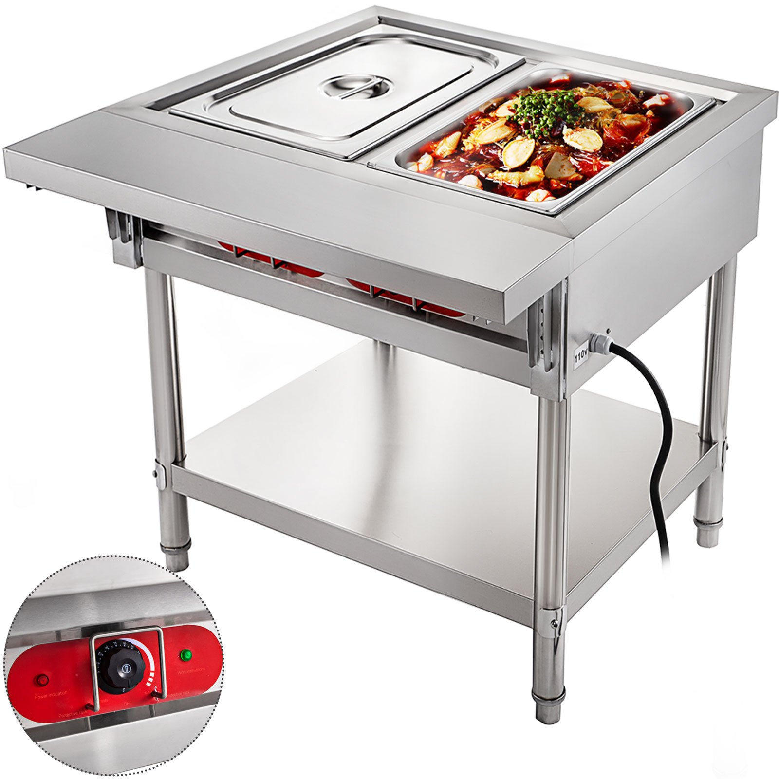 VEVOR Calentador Comida Buffet de Acero Inoxidable 1500 W, Bandeja Alimentos Calientes con Eléctrica con 2 Pozos de 51x31x15 cm, Mesa de Buffet Comercial Control de Temperatura de 30-100 Centígrados