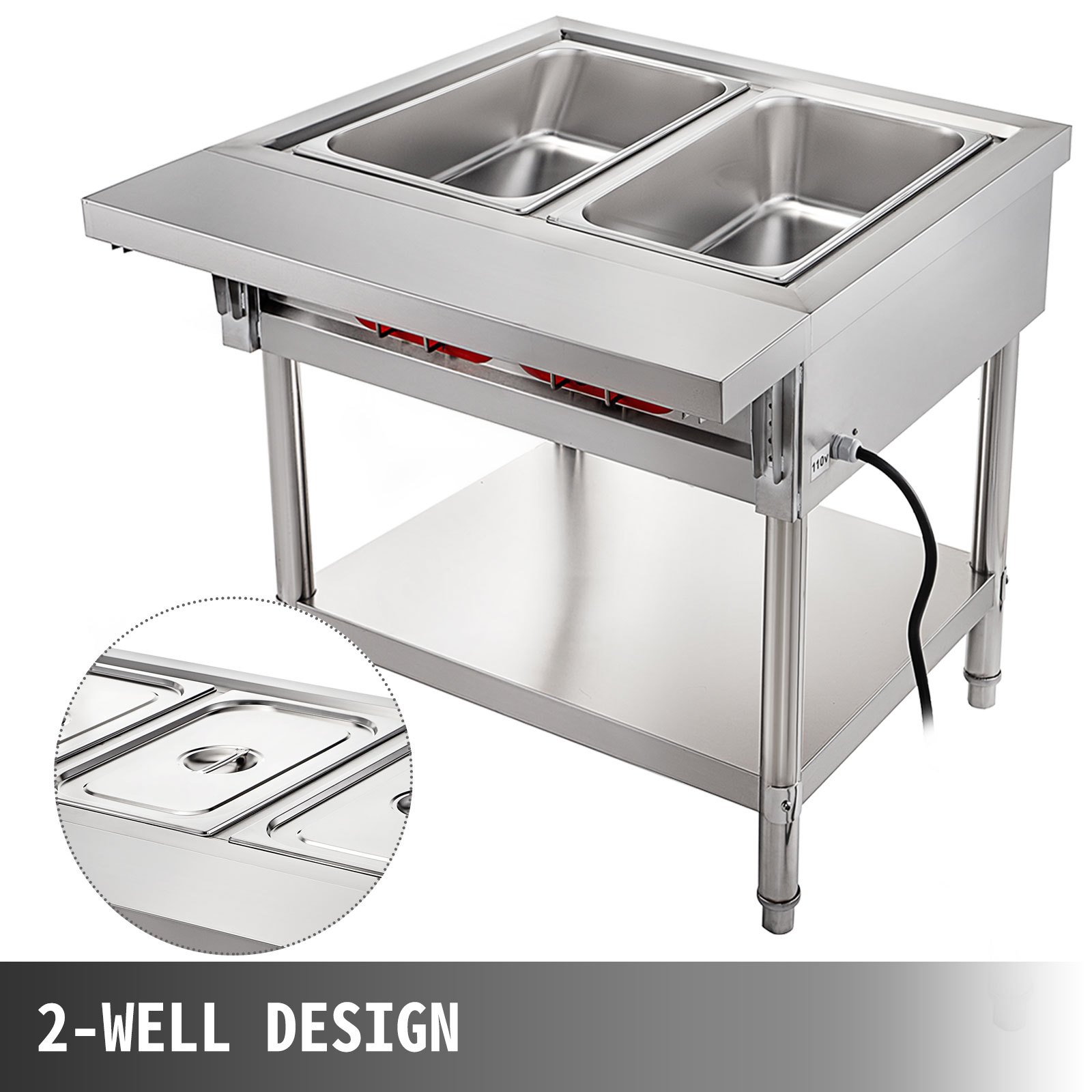 VEVOR Calentador Comida Buffet de Acero Inoxidable 1500 W, Bandeja Alimentos Calientes con Eléctrica con 2 Pozos de 51x31x15 cm, Mesa de Buffet Comercial Control de Temperatura de 30-100 Centígrados
