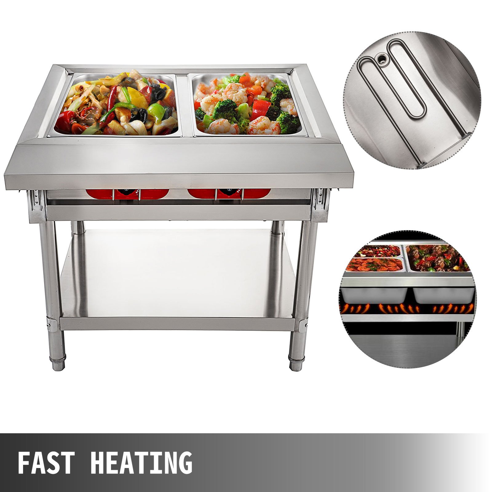 VEVOR Calentador Comida Buffet de Acero Inoxidable 1500 W, Bandeja Alimentos Calientes con Eléctrica con 2 Pozos de 51x31x15 cm, Mesa de Buffet Comercial Control de Temperatura de 30-100 Centígrados