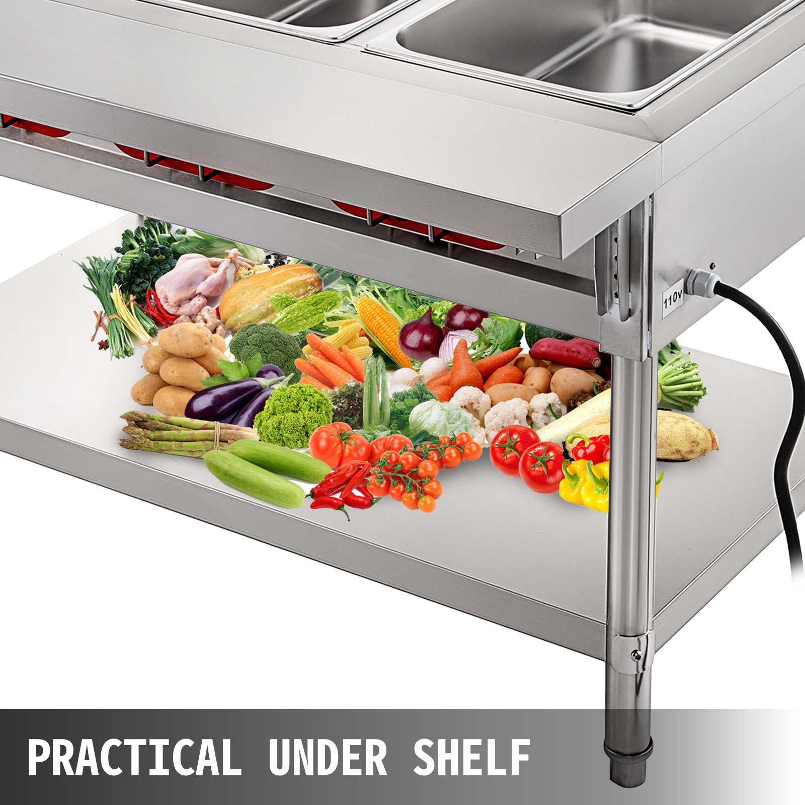 VEVOR Calentador Comida Buffet de Acero Inoxidable 1500 W, Bandeja Alimentos Calientes con Eléctrica con 2 Pozos de 51x31x15 cm, Mesa de Buffet Comercial Control de Temperatura de 30-100 Centígrados