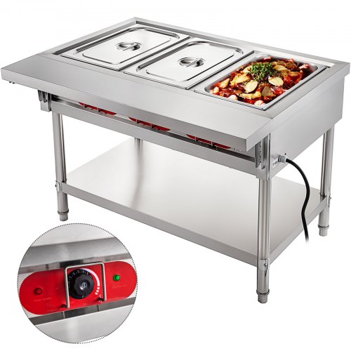 VEVOR Calentador Comida Buffet de Acero Inoxidable 1500 W, Bandeja Alimentos Calientes con Eléctrica con 3 Pozos de 51x31x15 cm, Mesa de Buffet Comercial Control de Temperatura de 30-100 Centígrados
