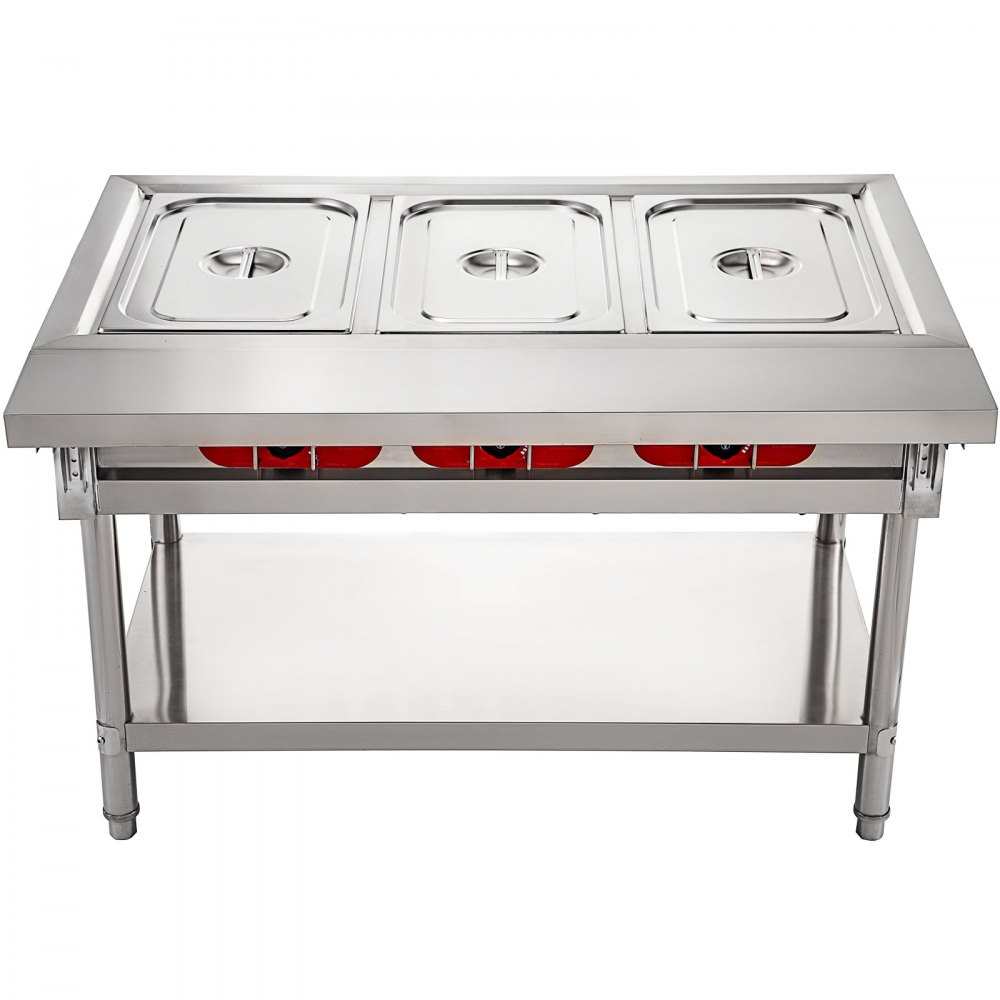 VEVOR Calentador Comida Buffet de Acero Inoxidable 1500 W, Bandeja Alimentos Calientes con Eléctrica con 3 Pozos de 51x31x15 cm, Mesa de Buffet Comercial Control de Temperatura de 30-100 Centígrados