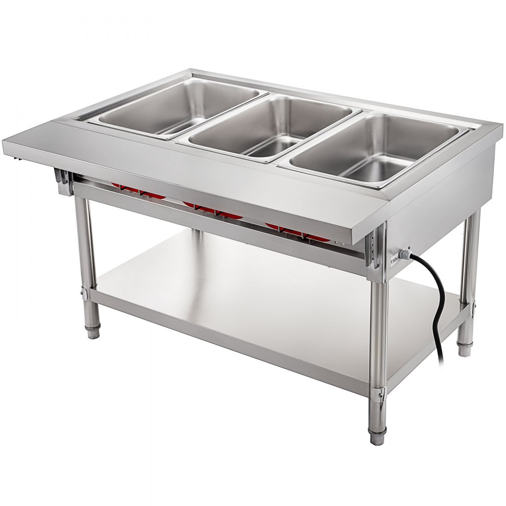 VEVOR Calentador Comida Buffet de Acero Inoxidable 1500 W, Bandeja Alimentos Calientes con Eléctrica con 3 Pozos de 51x31x15 cm, Mesa de Buffet Comercial Control de Temperatura de 30-100 Centígrados
