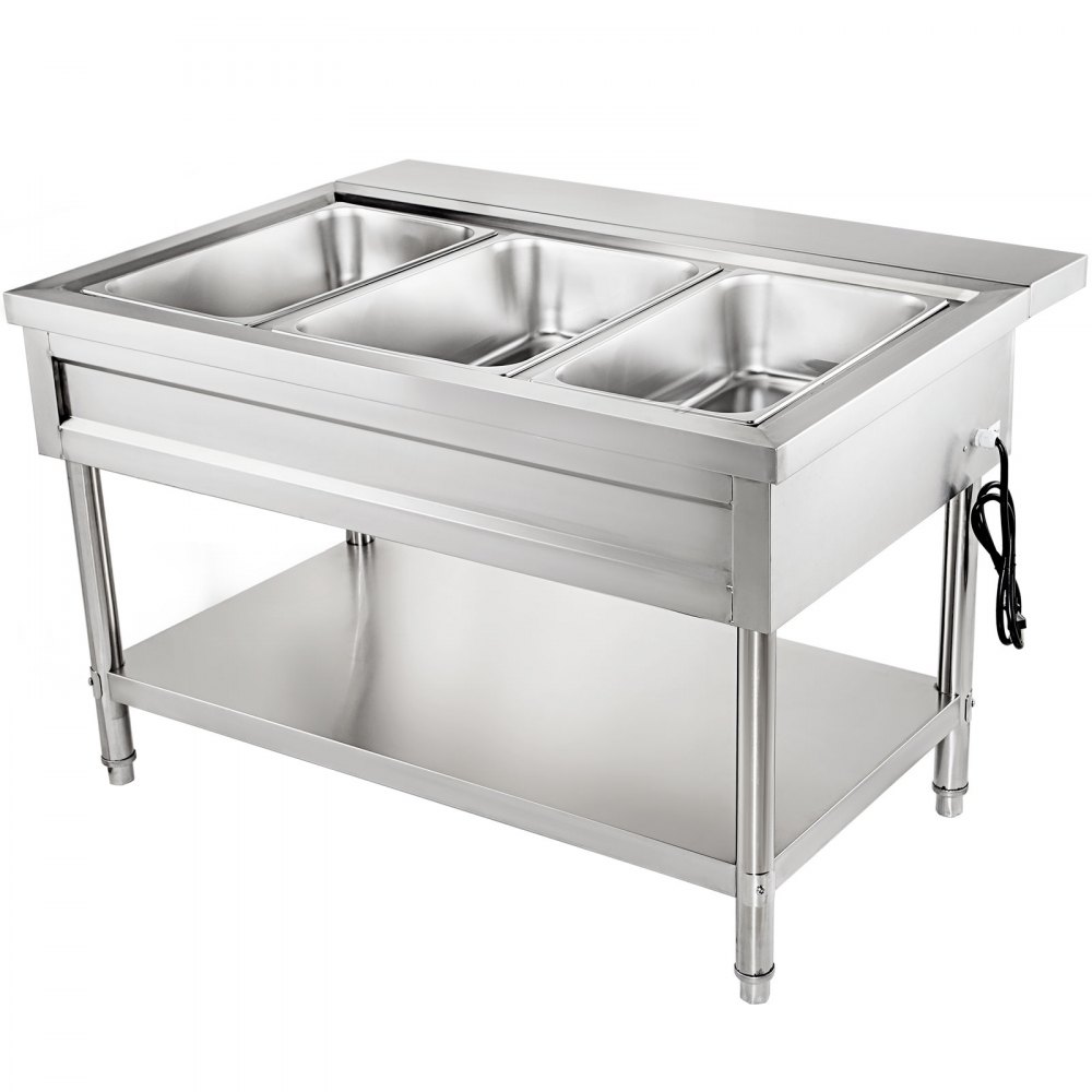 VEVOR Calentador Comida Buffet de Acero Inoxidable 1500 W, Bandeja Alimentos Calientes con Eléctrica con 3 Pozos de 51x31x15 cm, Mesa de Buffet Comercial Control de Temperatura de 30-100 Centígrados