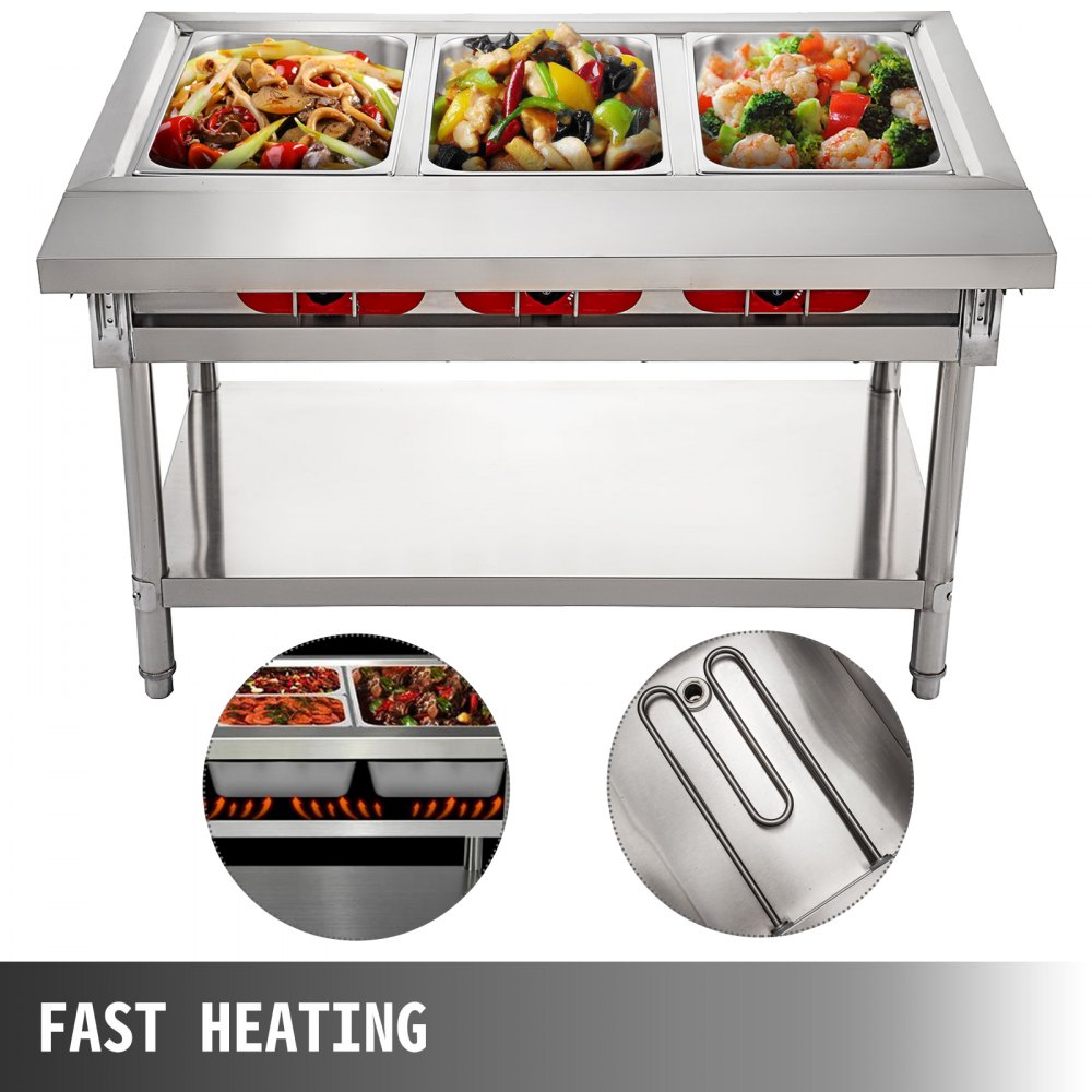 VEVOR Calentador Comida Buffet de Acero Inoxidable 1500 W, Bandeja Alimentos Calientes con Eléctrica con 3 Pozos de 51x31x15 cm, Mesa de Buffet Comercial Control de Temperatura de 30-100 Centígrados