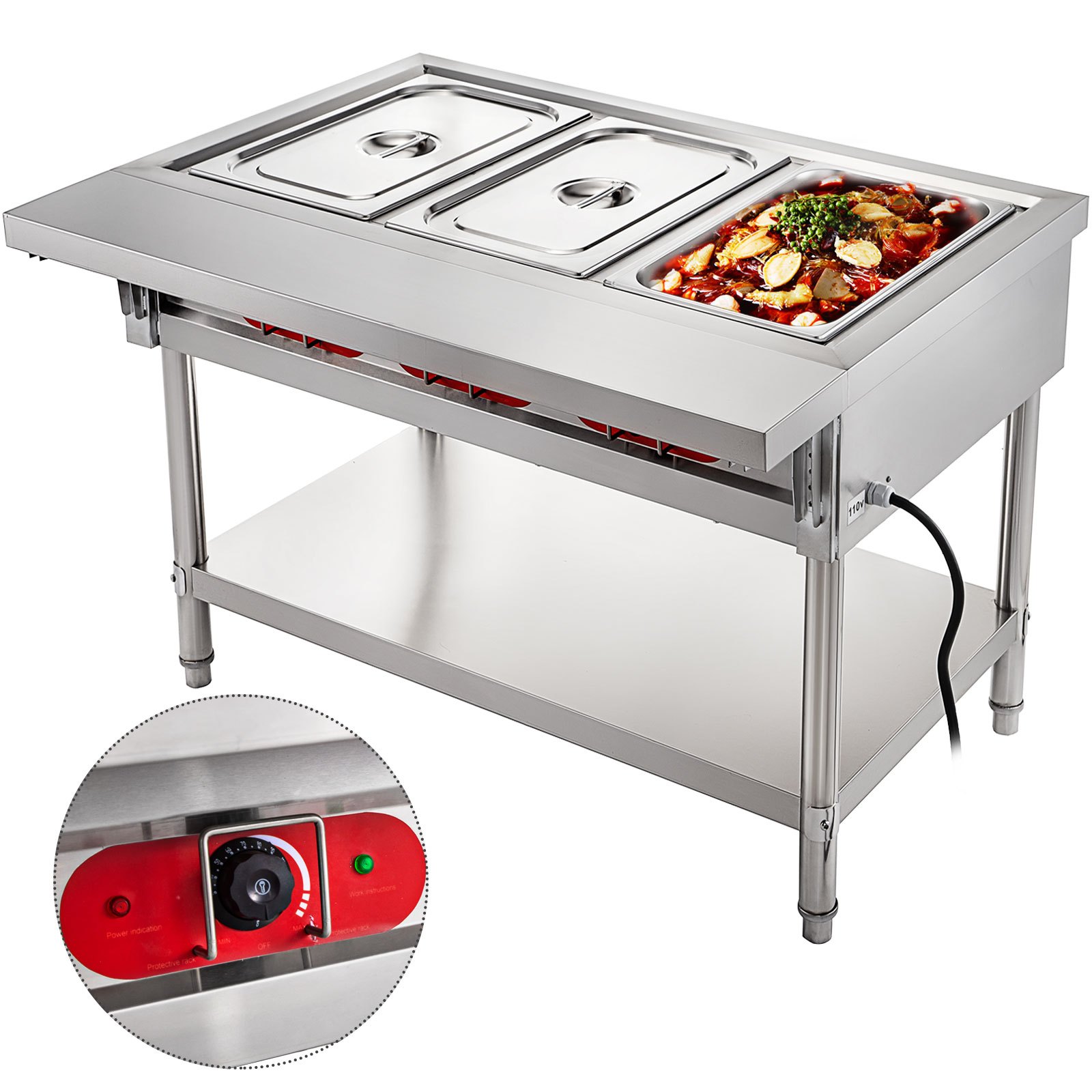 VEVOR Calentador Comida Buffet de Acero Inoxidable 1500 W, Bandeja Alimentos Calientes con Eléctrica con 3 Pozos de 51x31x15 cm, Mesa de Buffet Comercial Control de Temperatura de 30-100 Centígrados