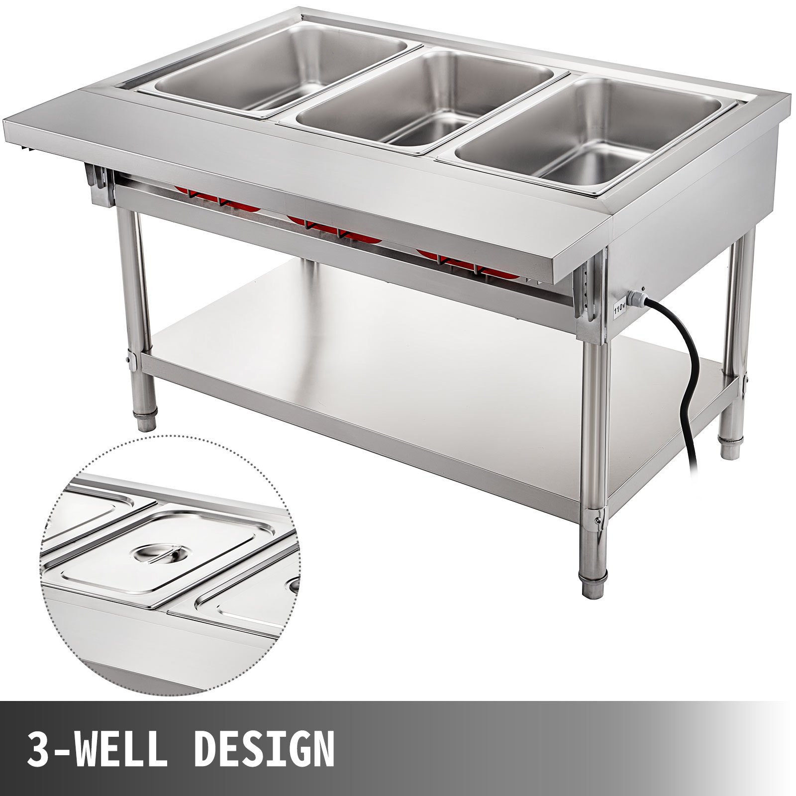 VEVOR Calentador Comida Buffet de Acero Inoxidable 1500 W, Bandeja Alimentos Calientes con Eléctrica con 3 Pozos de 51x31x15 cm, Mesa de Buffet Comercial Control de Temperatura de 30-100 Centígrados