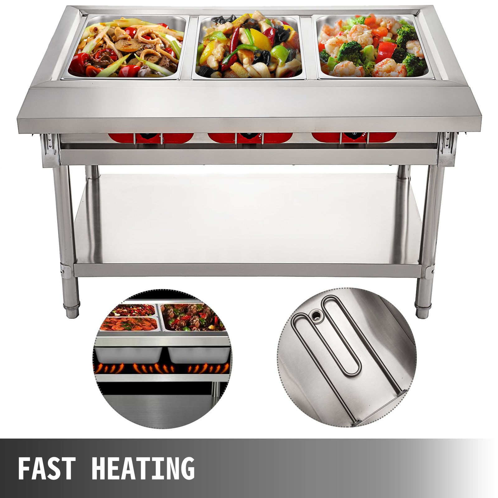 VEVOR Calentador Comida Buffet de Acero Inoxidable 1500 W, Bandeja Alimentos Calientes con Eléctrica con 3 Pozos de 51x31x15 cm, Mesa de Buffet Comercial Control de Temperatura de 30-100 Centígrados