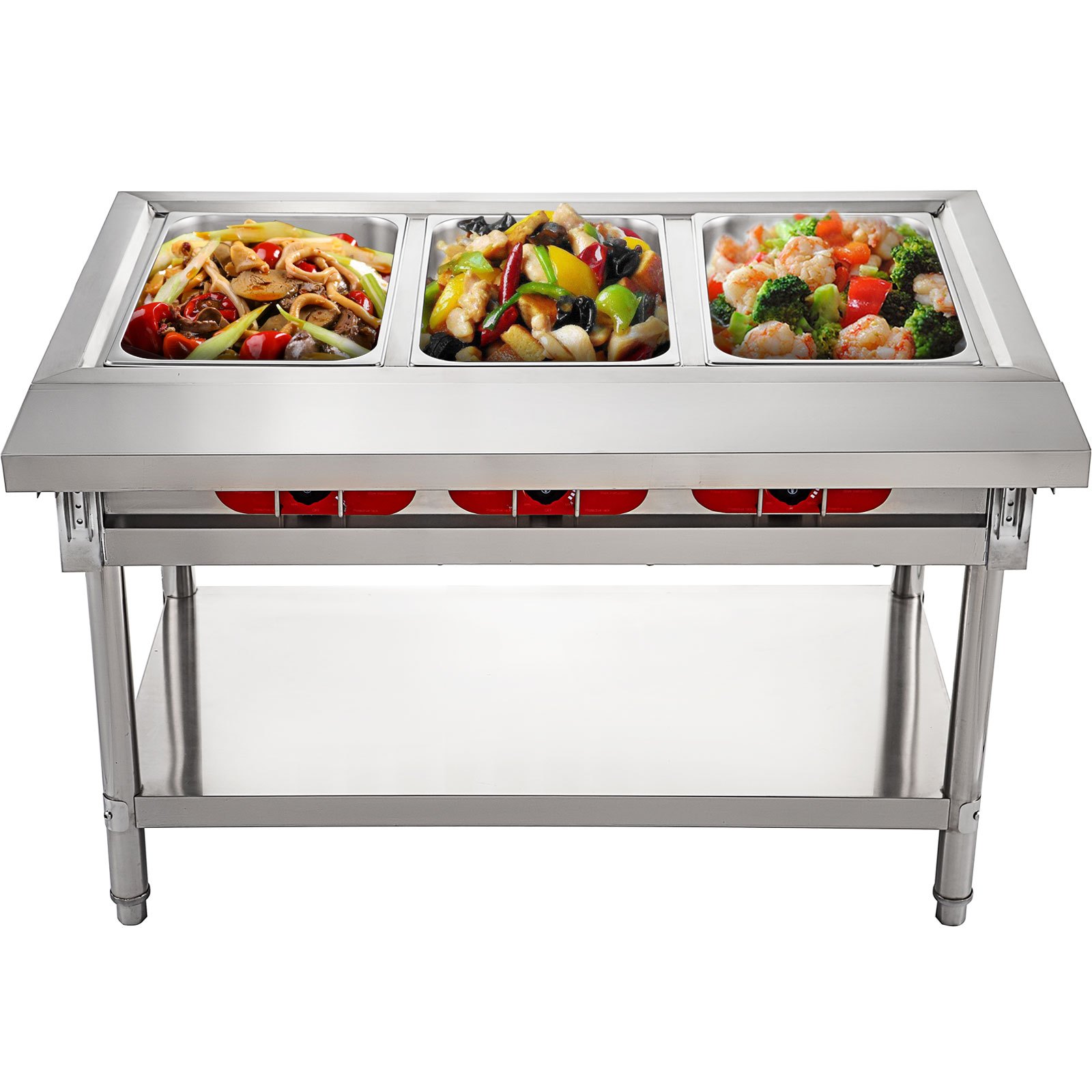 VEVOR Calentador Comida Buffet de Acero Inoxidable 1500 W, Bandeja Alimentos Calientes con Eléctrica con 3 Pozos de 51x31x15 cm, Mesa de Buffet Comercial Control de Temperatura de 30-100 Centígrados